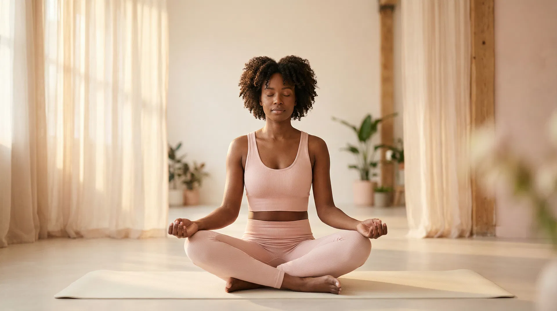 Woman meditating in serene wellness studio