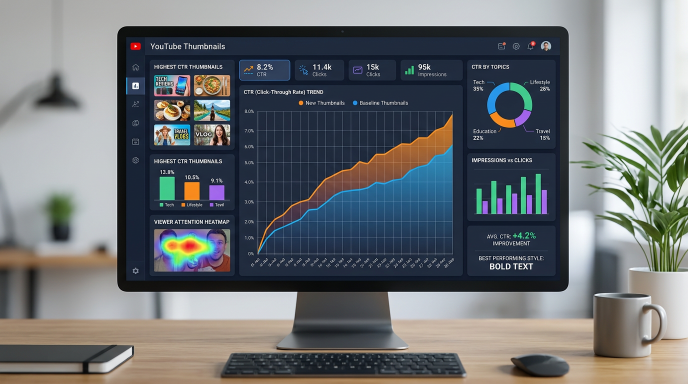 Data analytics dashboard for YouTube thumbnail performance, charts and graphs sh...