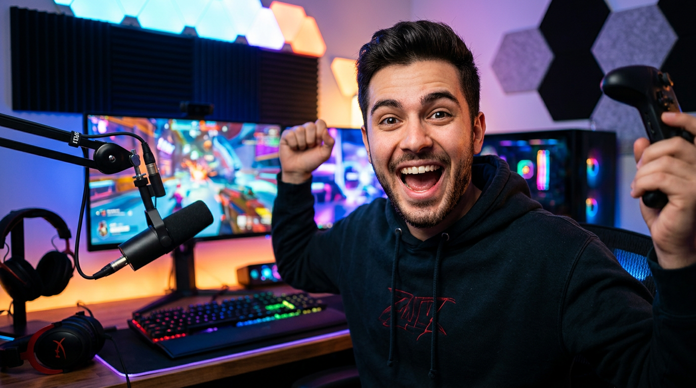 Gaming content creator reaction shot in thumbnail, excited expression, gaming se...