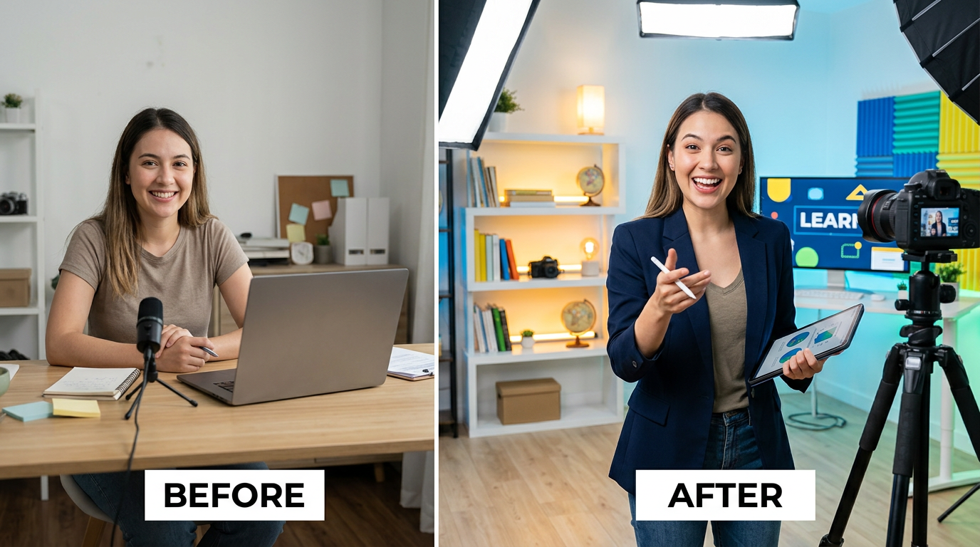 Before and after transformation in educational content, showing learning progres...