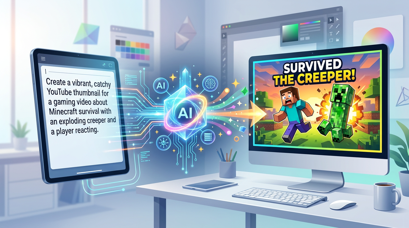 AI image generation process showing text prompt transforming into thumbnail, cre...