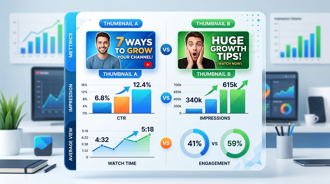Analytics comparison chart showing thumbnail performance metrics, professional i...