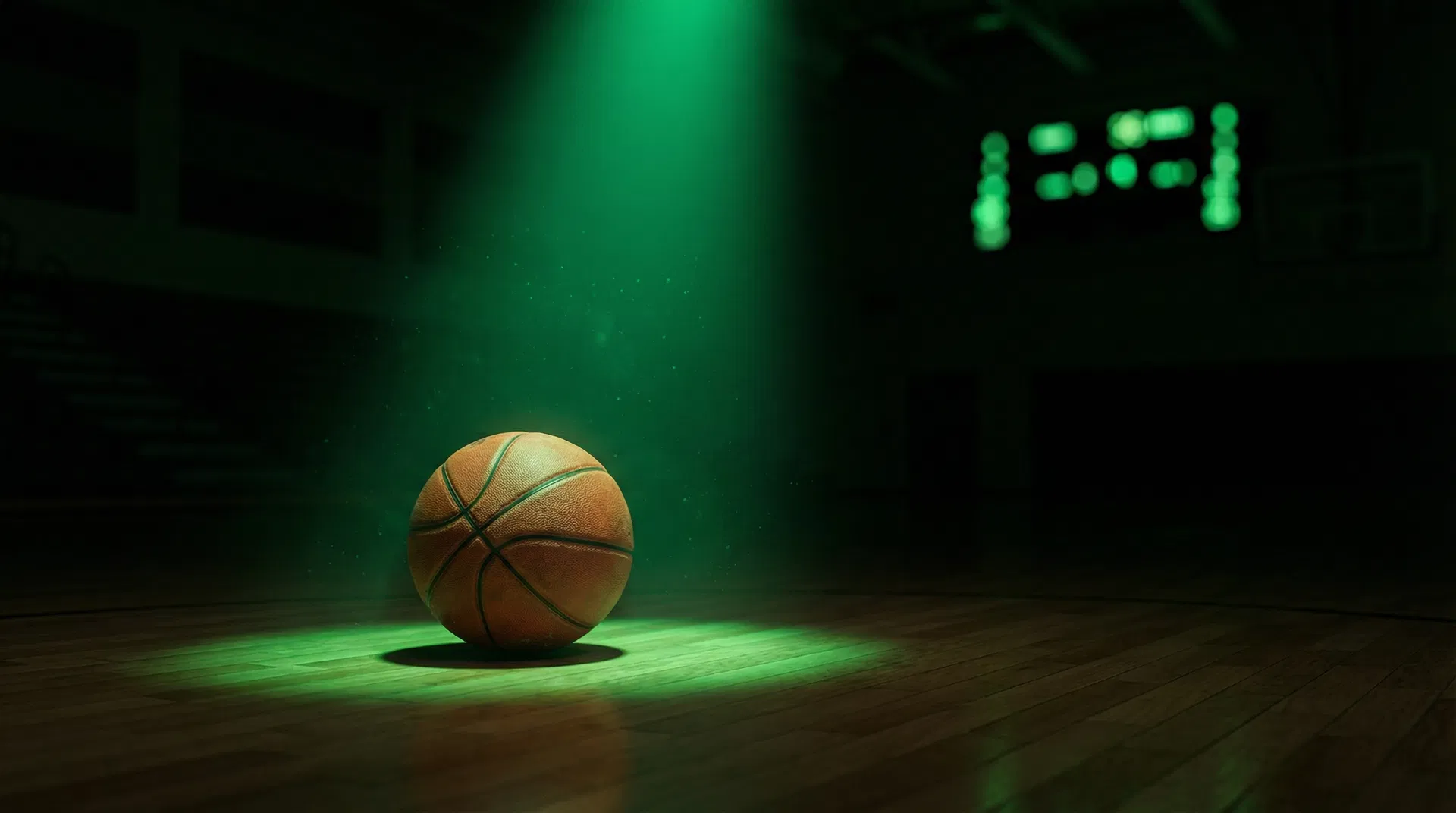 Basketball on court under green light