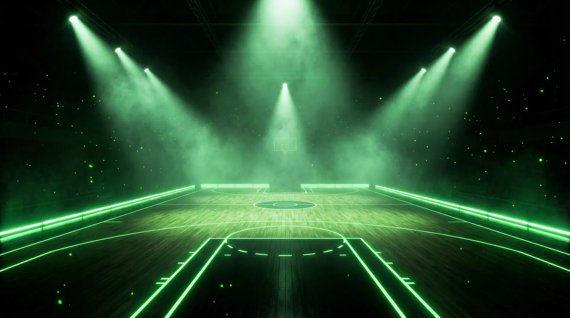 Basketball court under dramatic neon green lighting