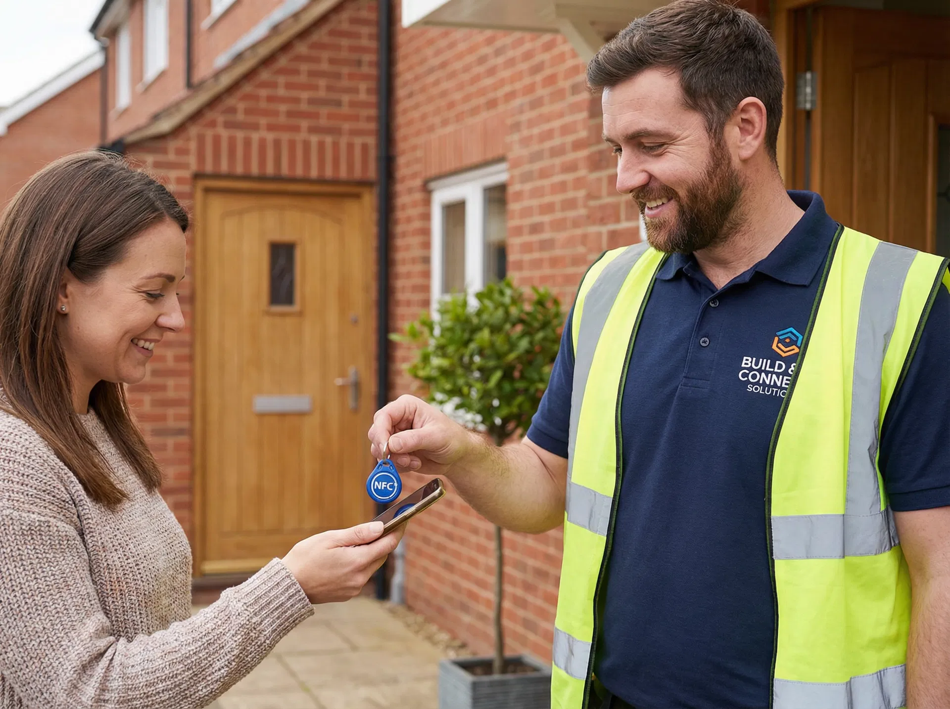 Contractor handing NFC keyring to residential customer to collect a Google review