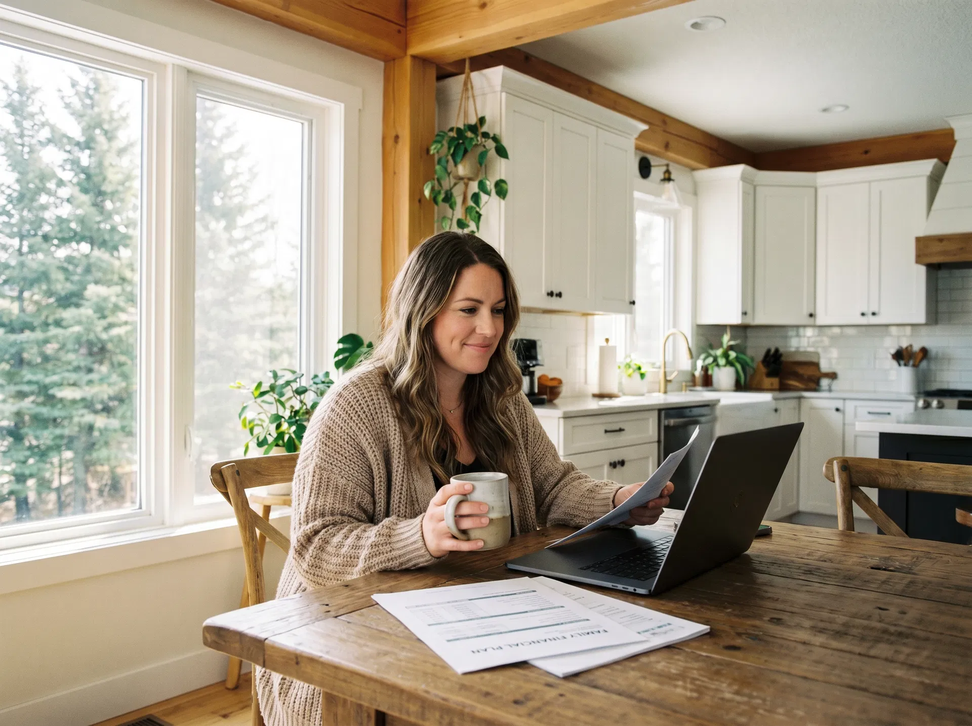 Parent reviewing insurance options at kitchen table