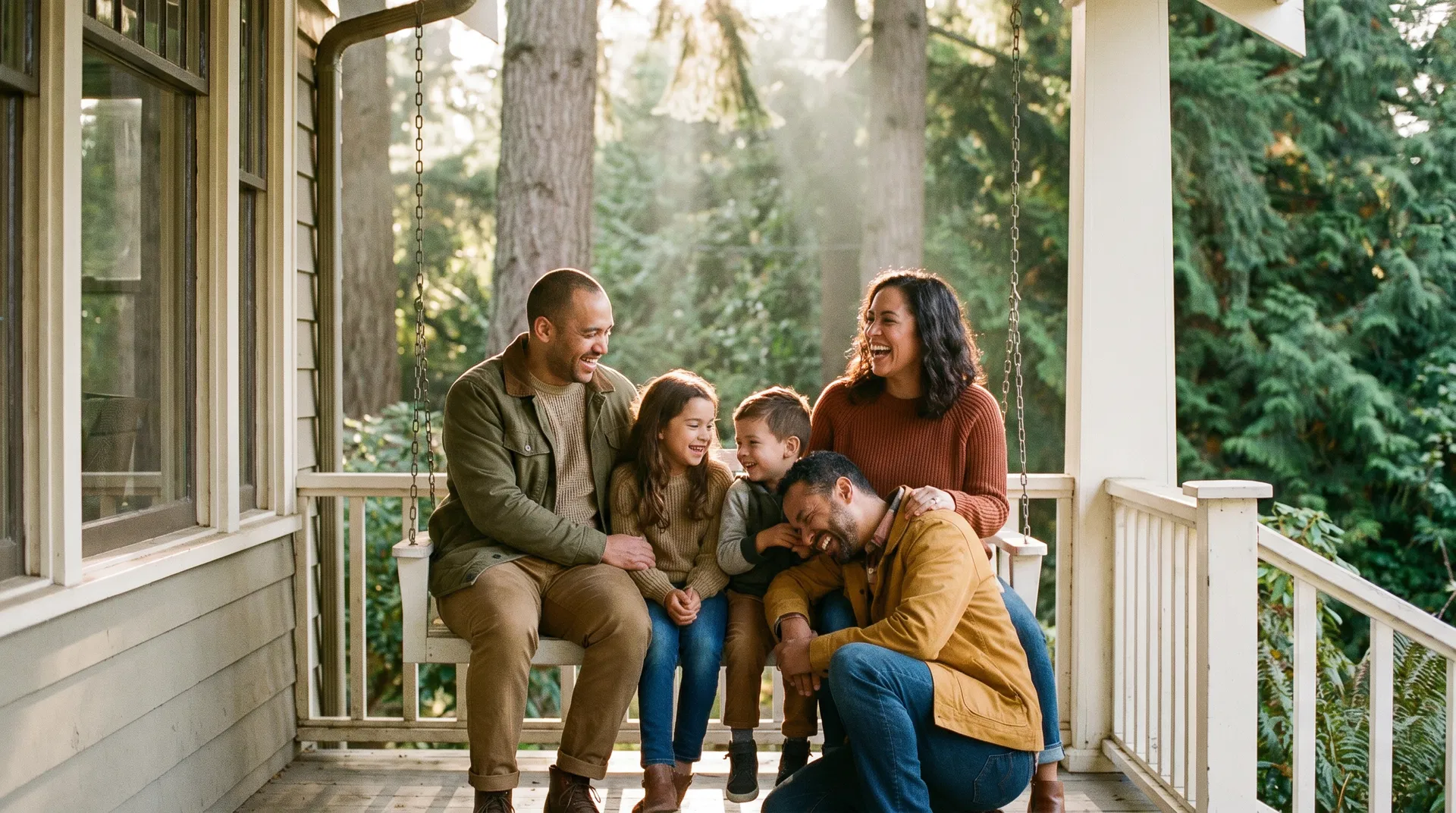 Happy family on their front porch surrounded by evergreen trees
