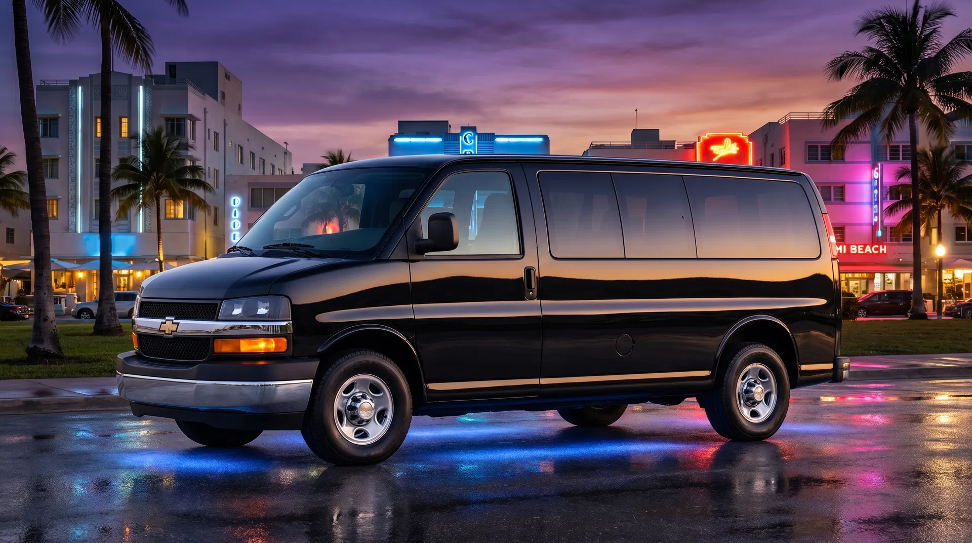 A1TM detailing van arriving at a Miami location at dusk