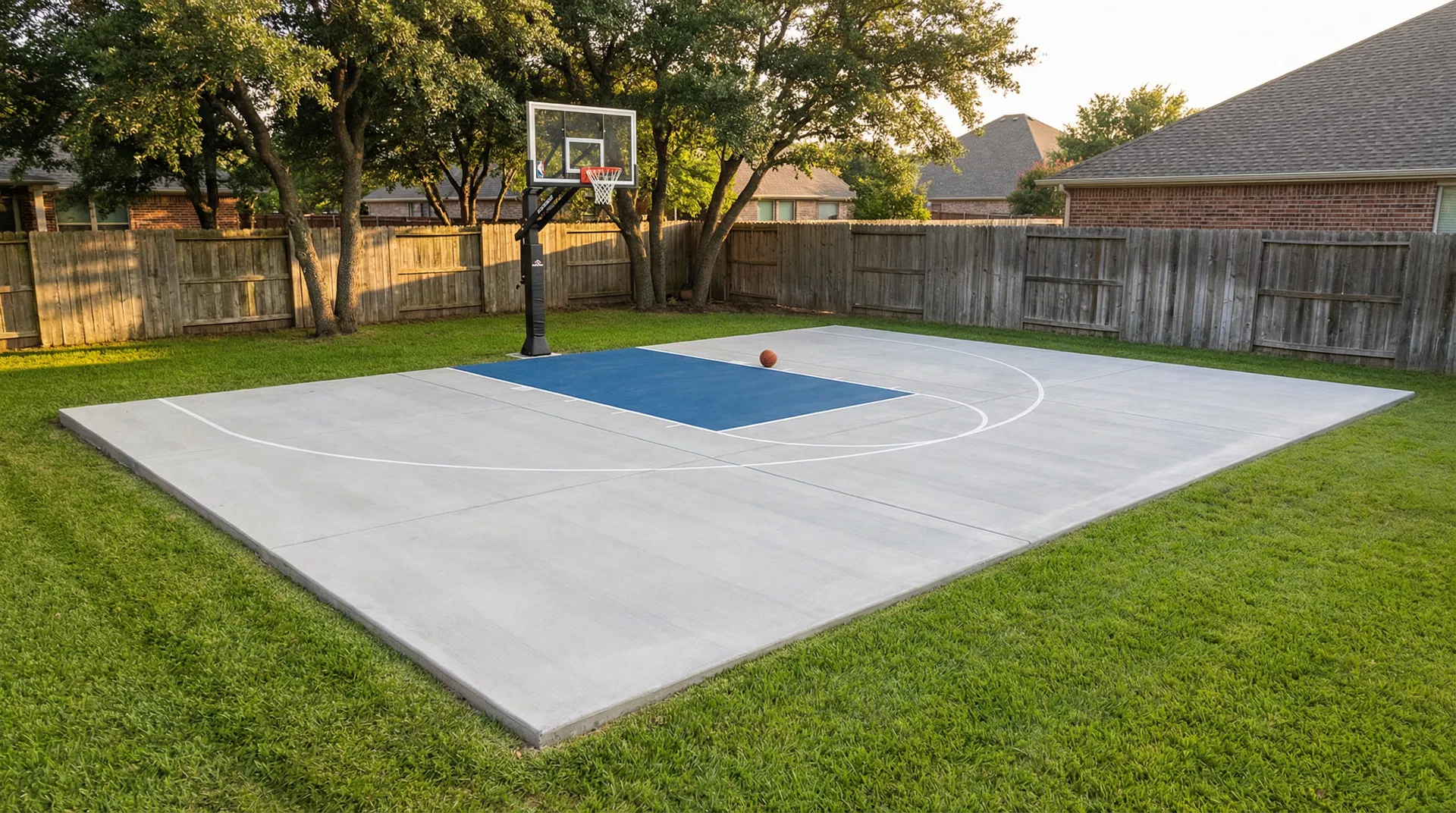 Backyard concrete basketball court in a Texas home