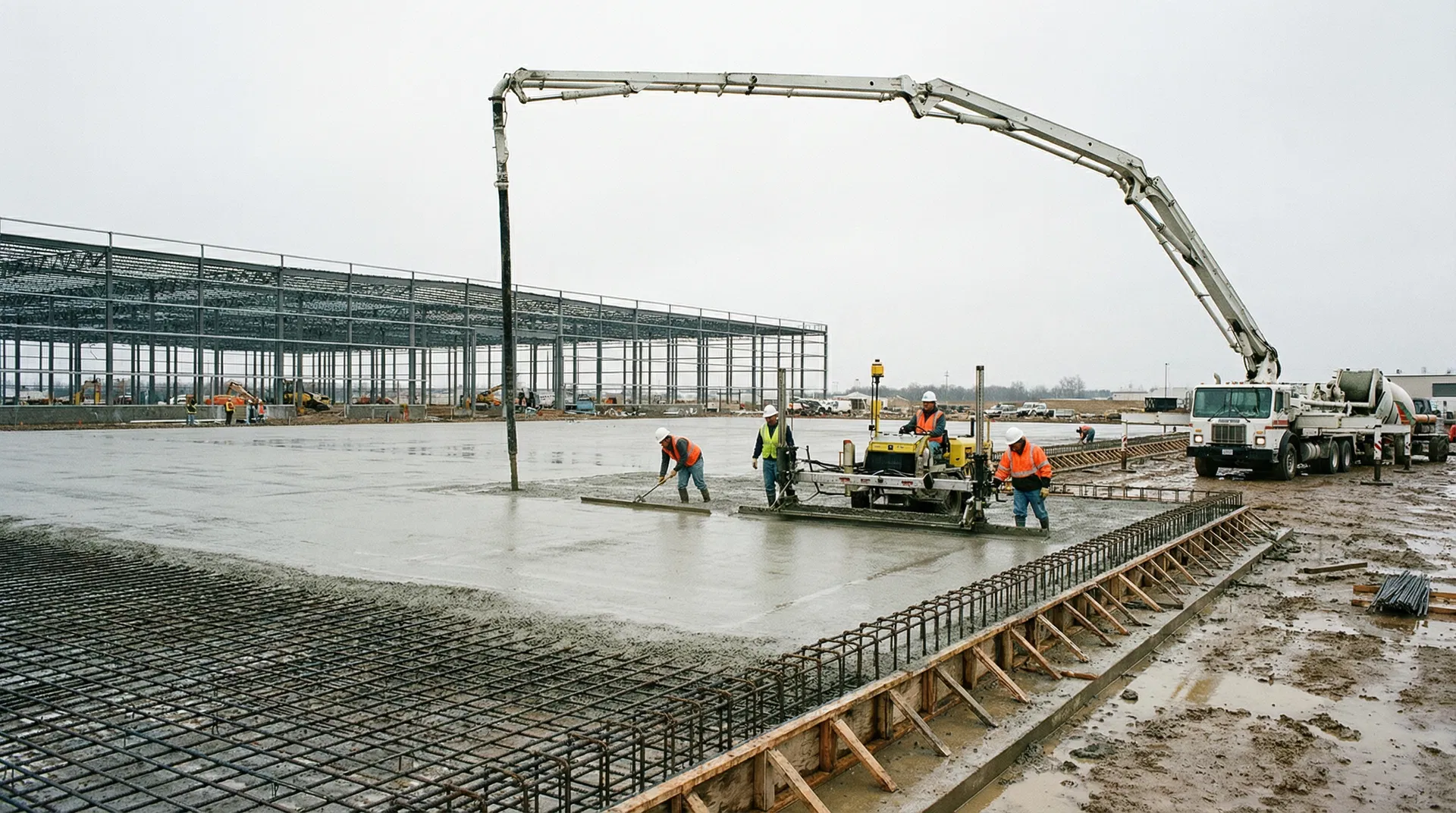 Large commercial concrete slab pour with line pump