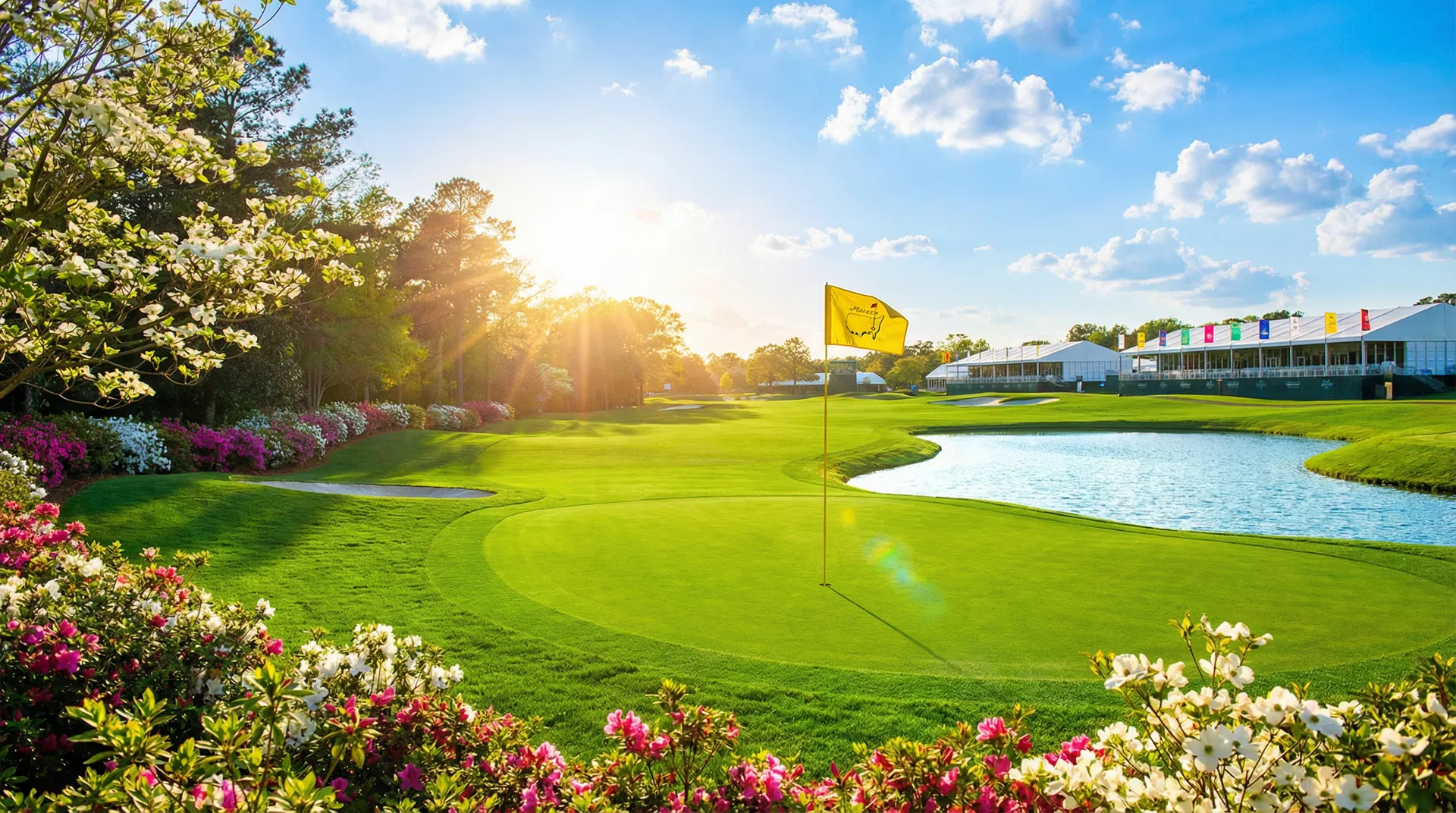 Bright championship golf hole with golden flag