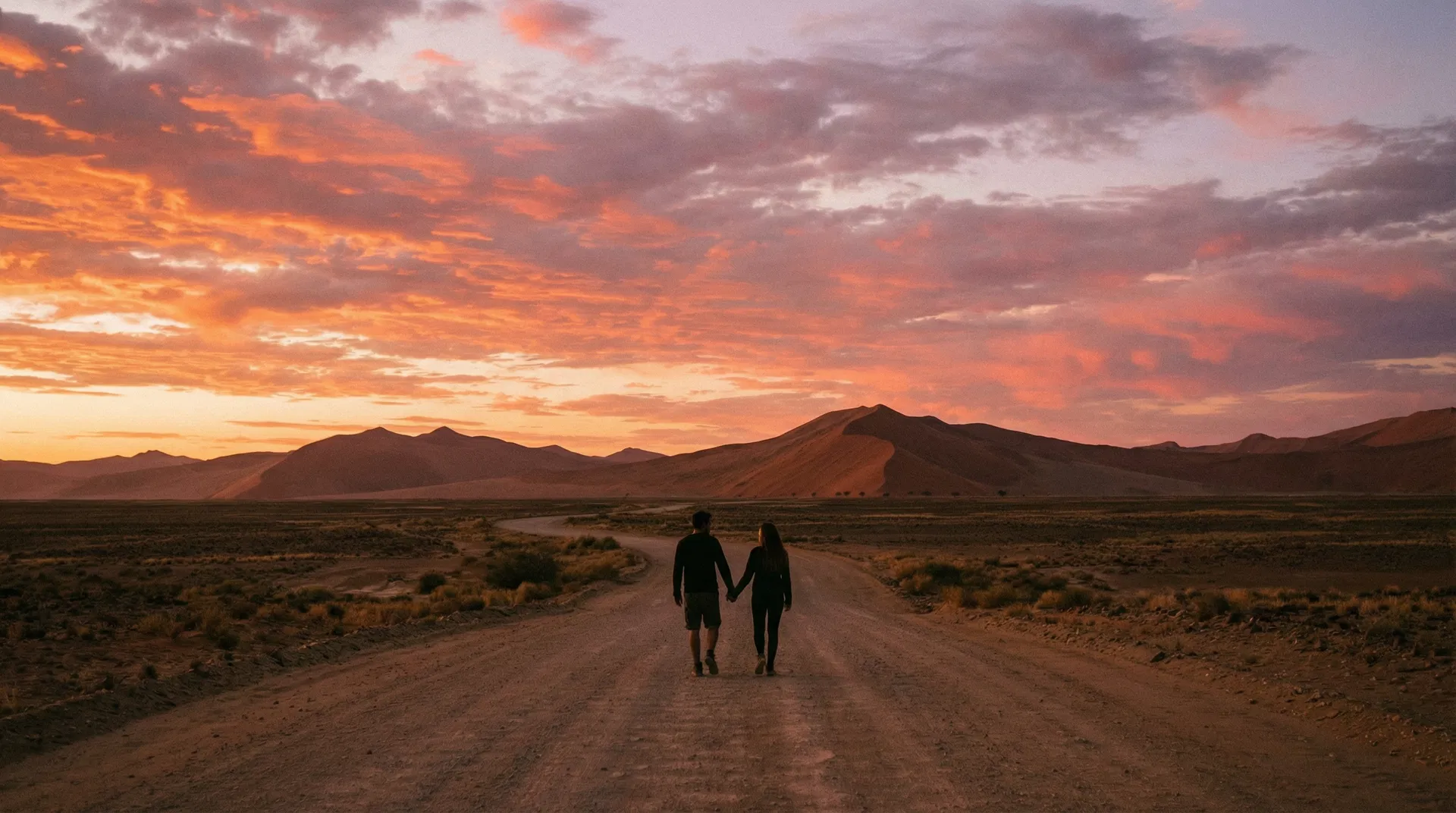 Couple walking hand in hand toward Namib dunes at sunset — Two Bad Tourists Newsletter 334 featuring OUT Namibia