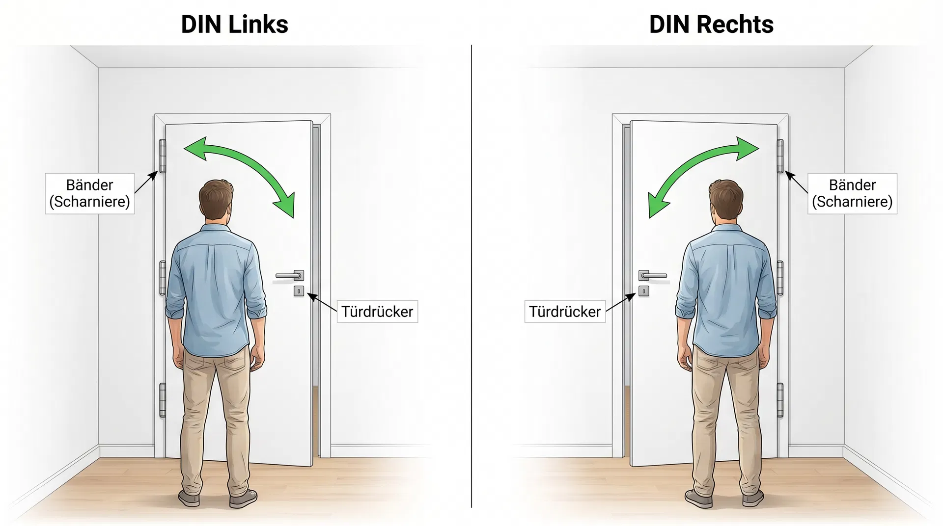 DIN Links und DIN Rechts – Person steht im Raum und zeigt die Drehrichtung der Zimmertür