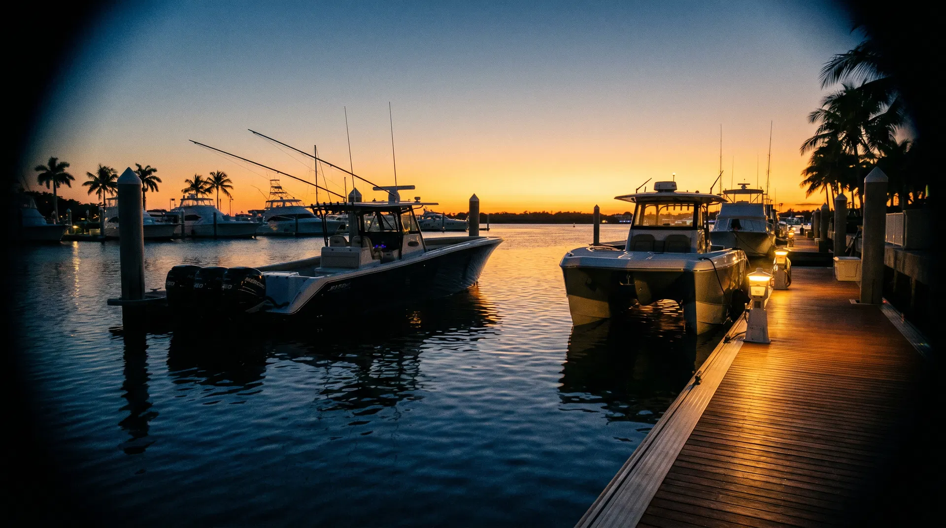 Center consoles and power cats at marina