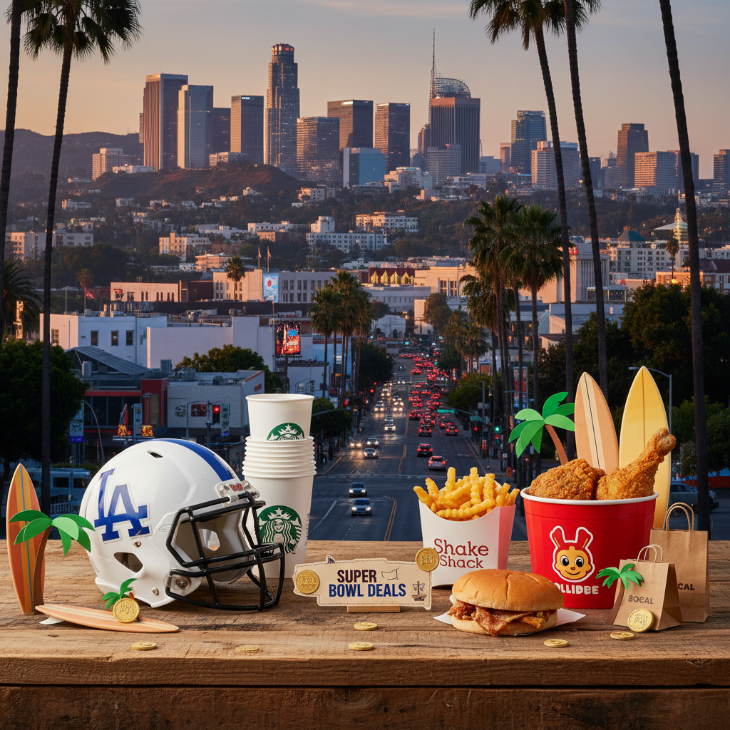 News illustration for: LA Super Bowl Deals: Starbucks, Shake Shack, Jollibee & More in SoCal in Los Angeles