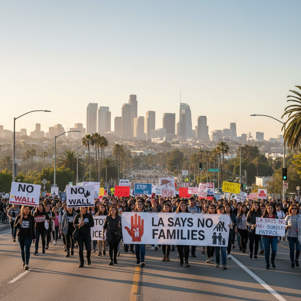 News illustration for: Los Angeles Groups Urge Congress to Halt ICE, Border Patrol Funding in Los Angeles