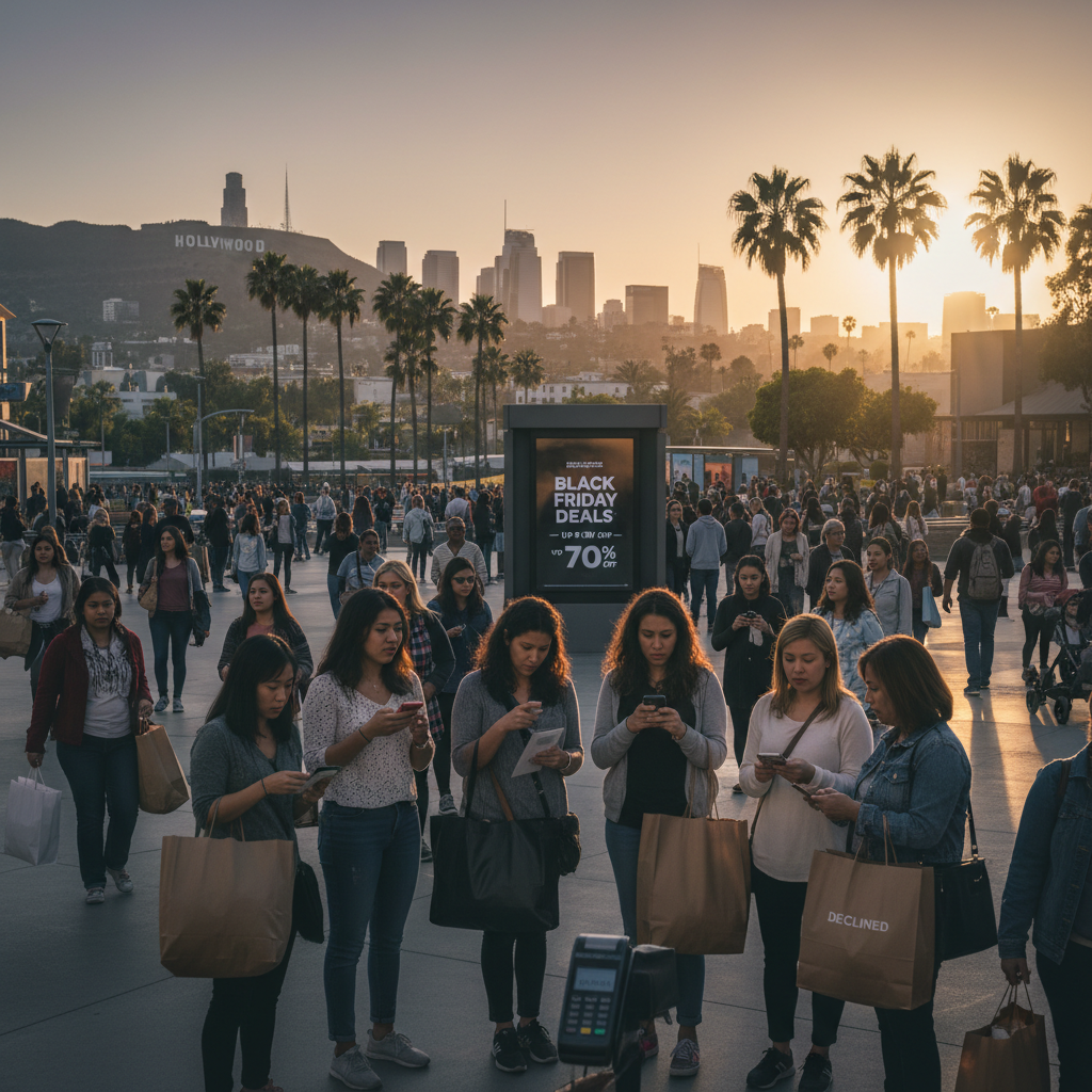 News illustration for: Los Angeles Black Friday: Shoppers Seek Deals, Spend Less Amid Economic Concerns in Los Angeles