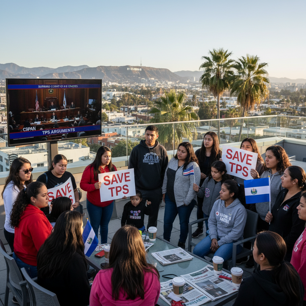 News illustration for: Los Angeles Immigrants Watch Supreme Court TPS Arguments in Los Angeles