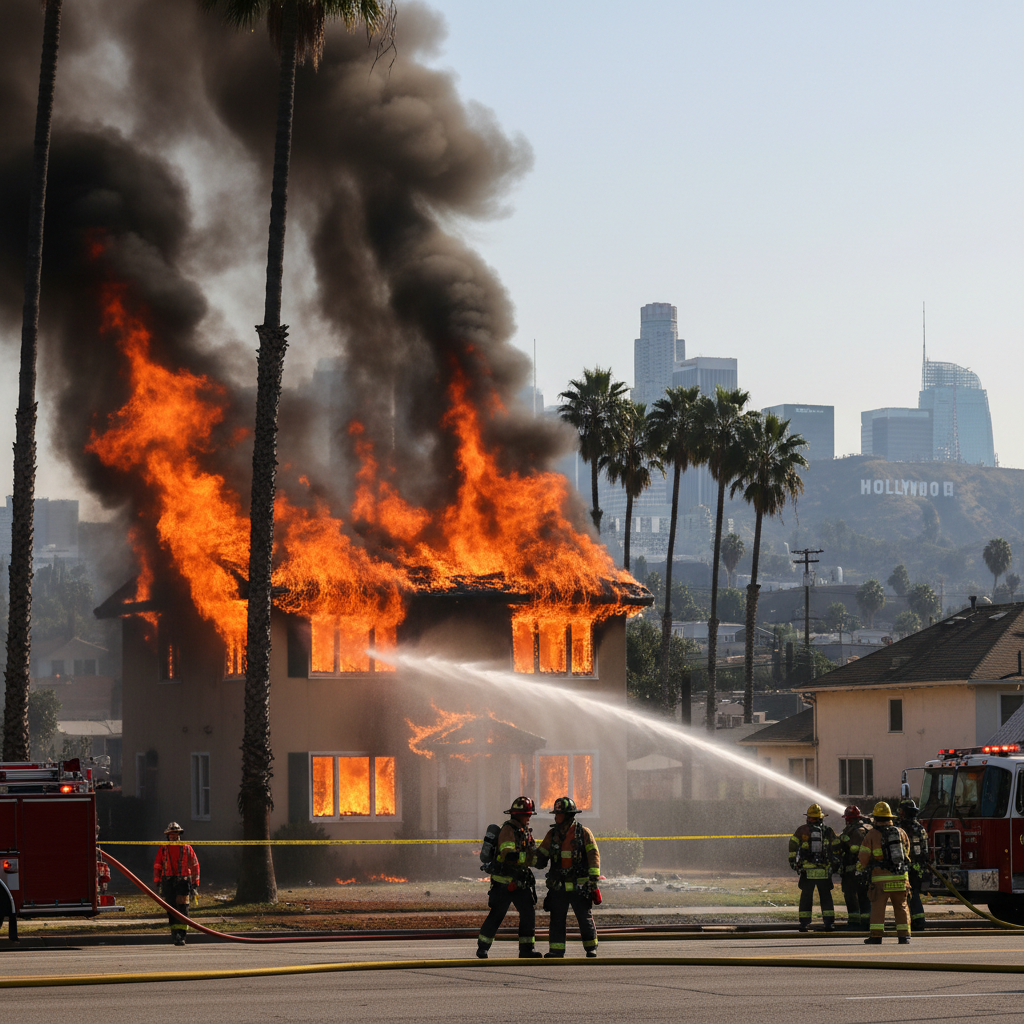 News illustration for: Los Angeles Fire: Pico-Union Home Engulfed, Firefighter Injured in Los Angeles