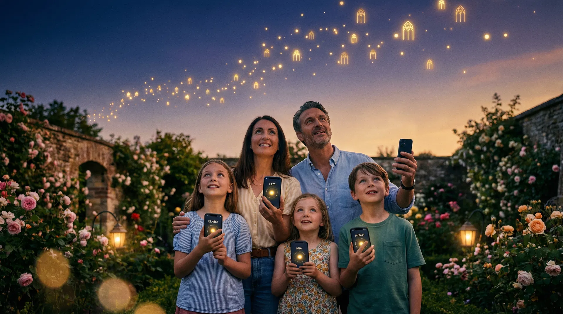 Семья проводит AR-ритуал памяти в саду