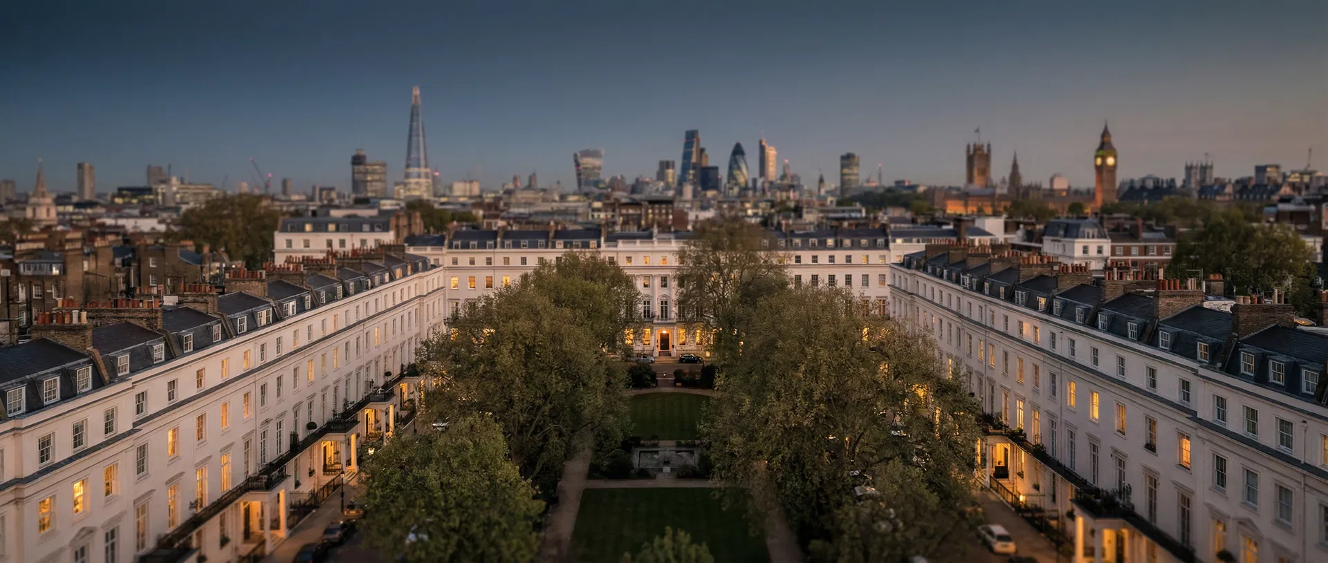 London prime residential neighbourhood at dusk