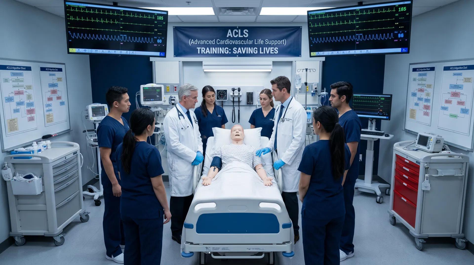 ACLS training simulation showing healthcare team practicing advanced cardiovascular life support with ECG monitoring and emergency equipment