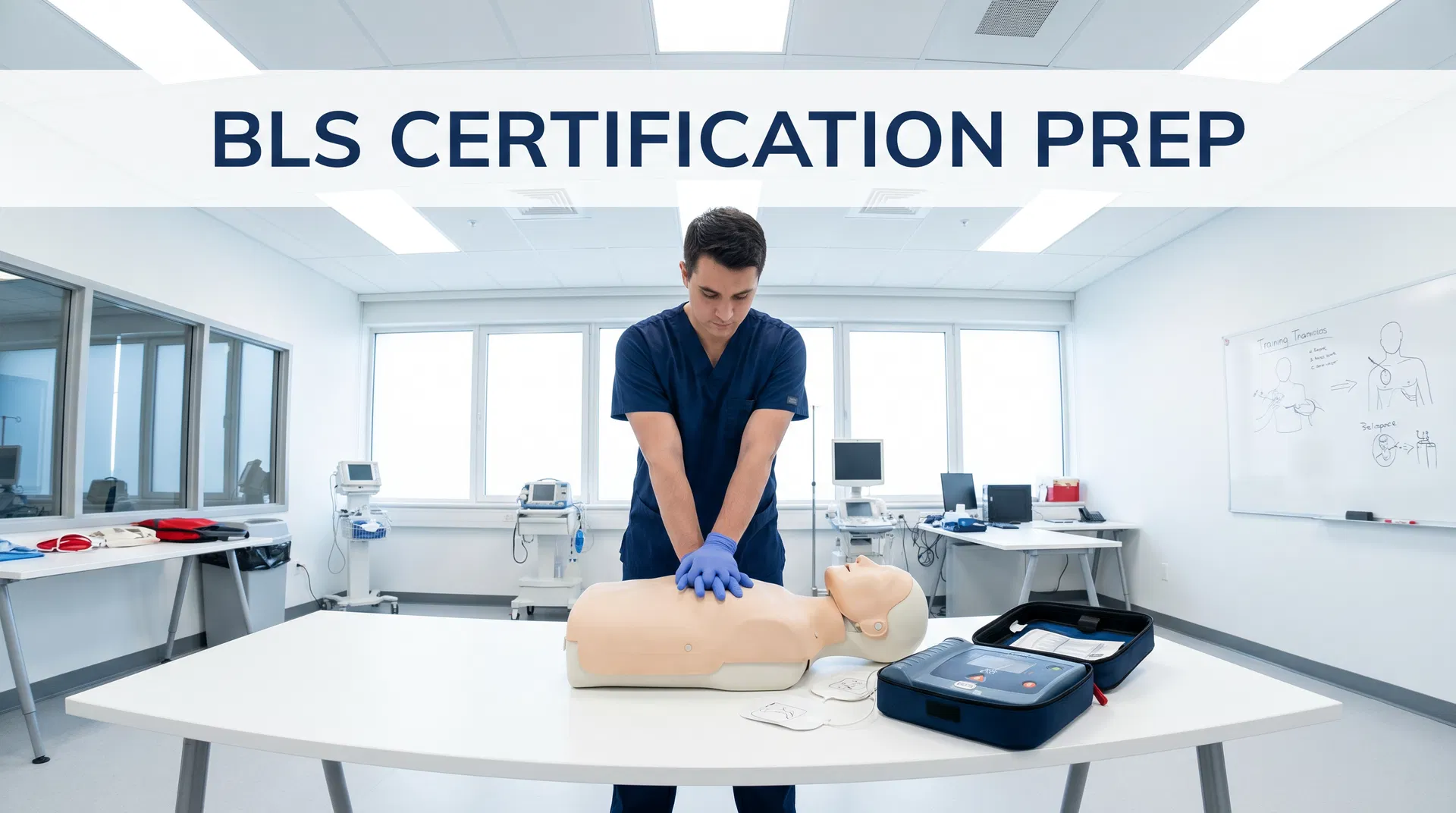 BLS preparation scene showing instructor demonstrating CPR technique to student with training mannequins and AED equipment