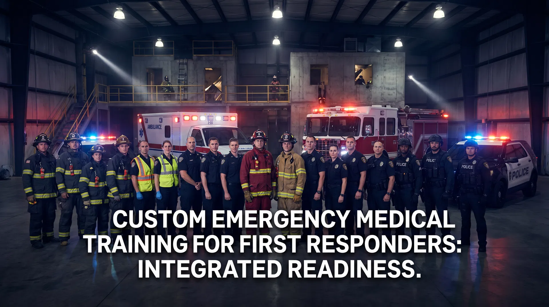 Multi-disciplinary first responder training showing firefighter, police officer, and EMS instructor practicing tactical emergency medicine