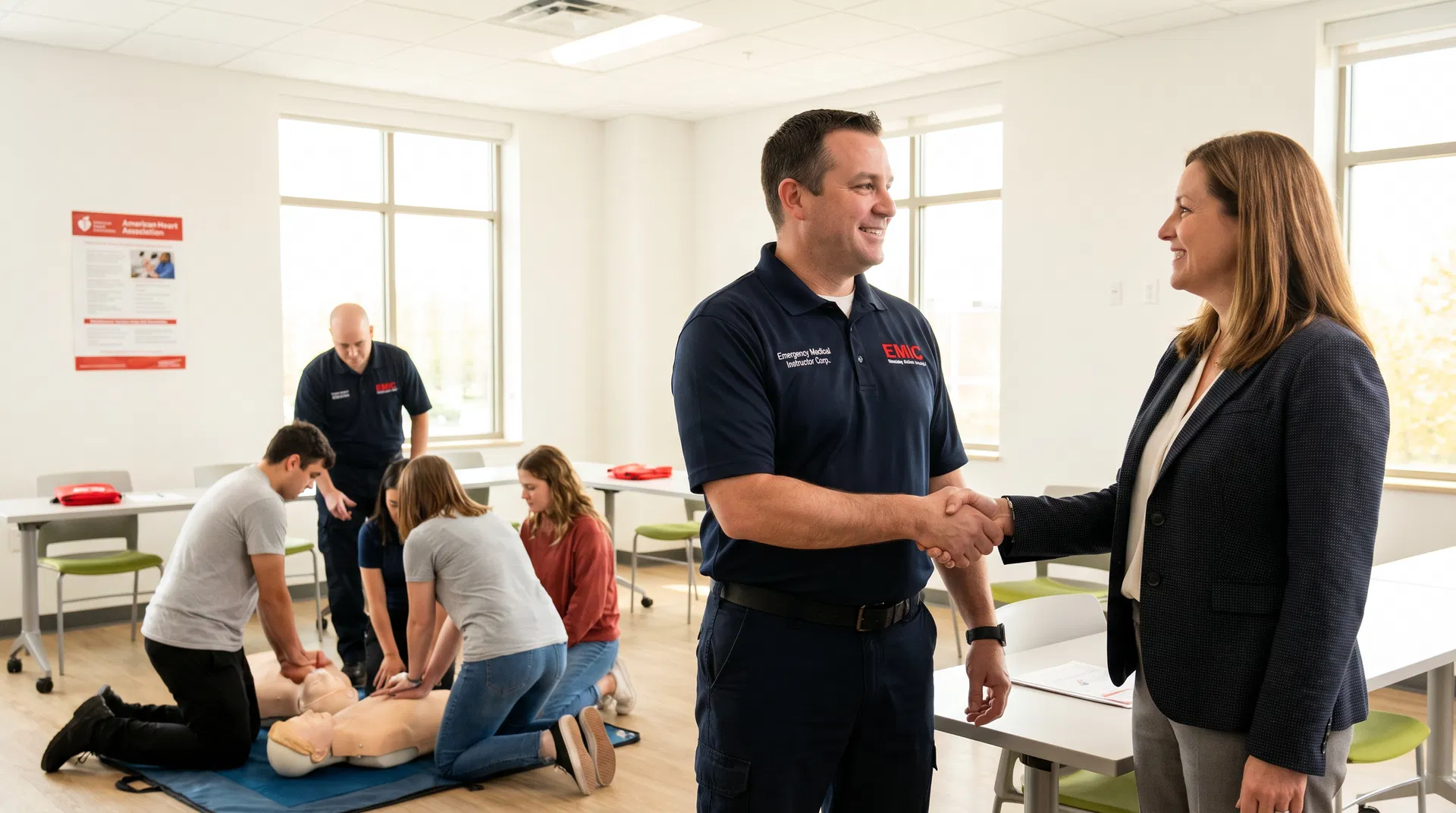 EMIC instructor and Capital Region BOCES administrator shaking hands in a CPR training classroom
