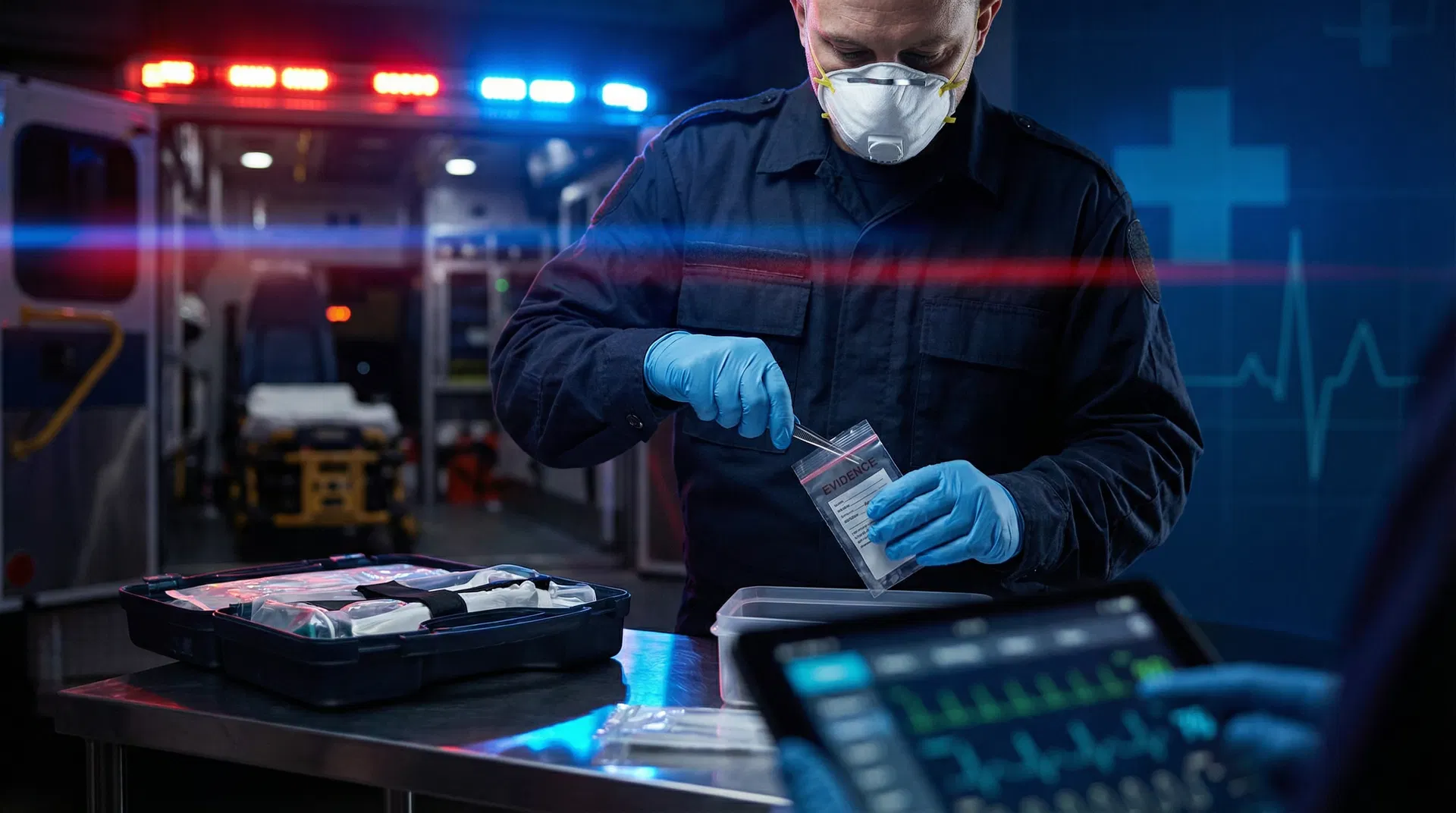 First responder in protective equipment handling evidence at a scene with emergency lighting