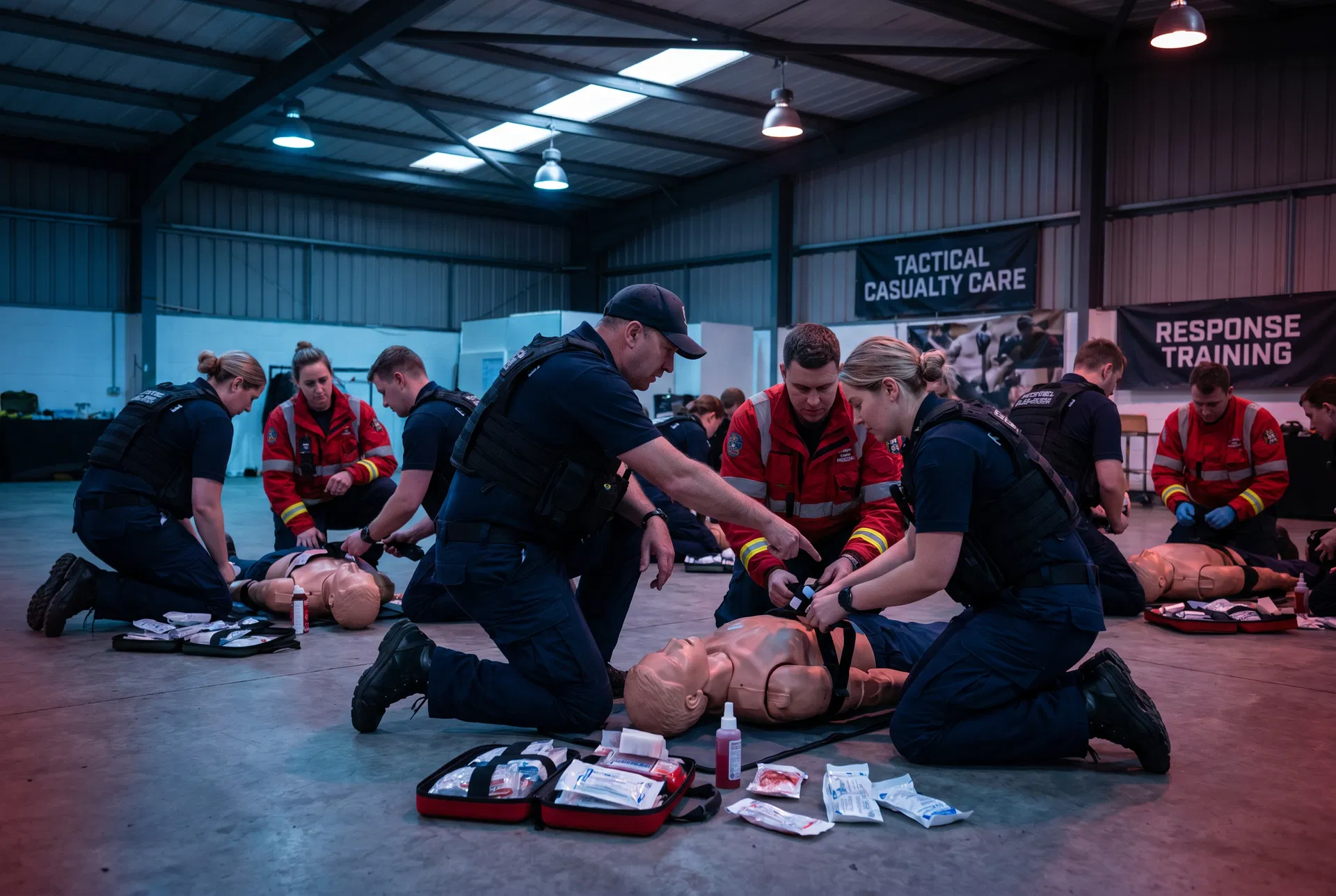 First responders practicing tactical casualty care and bleeding control techniques during EMIC training