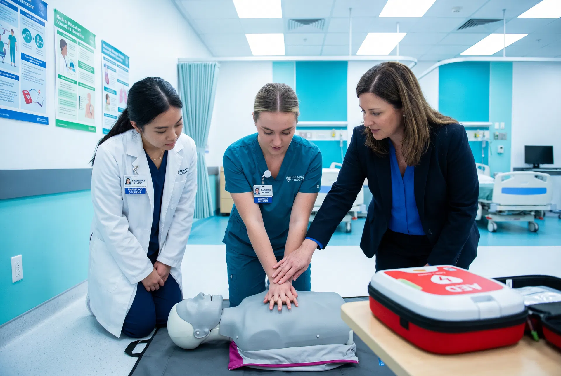 Nursing and pharmacy students practicing BLS CPR techniques with instructor guidance in a hospital simulation center
