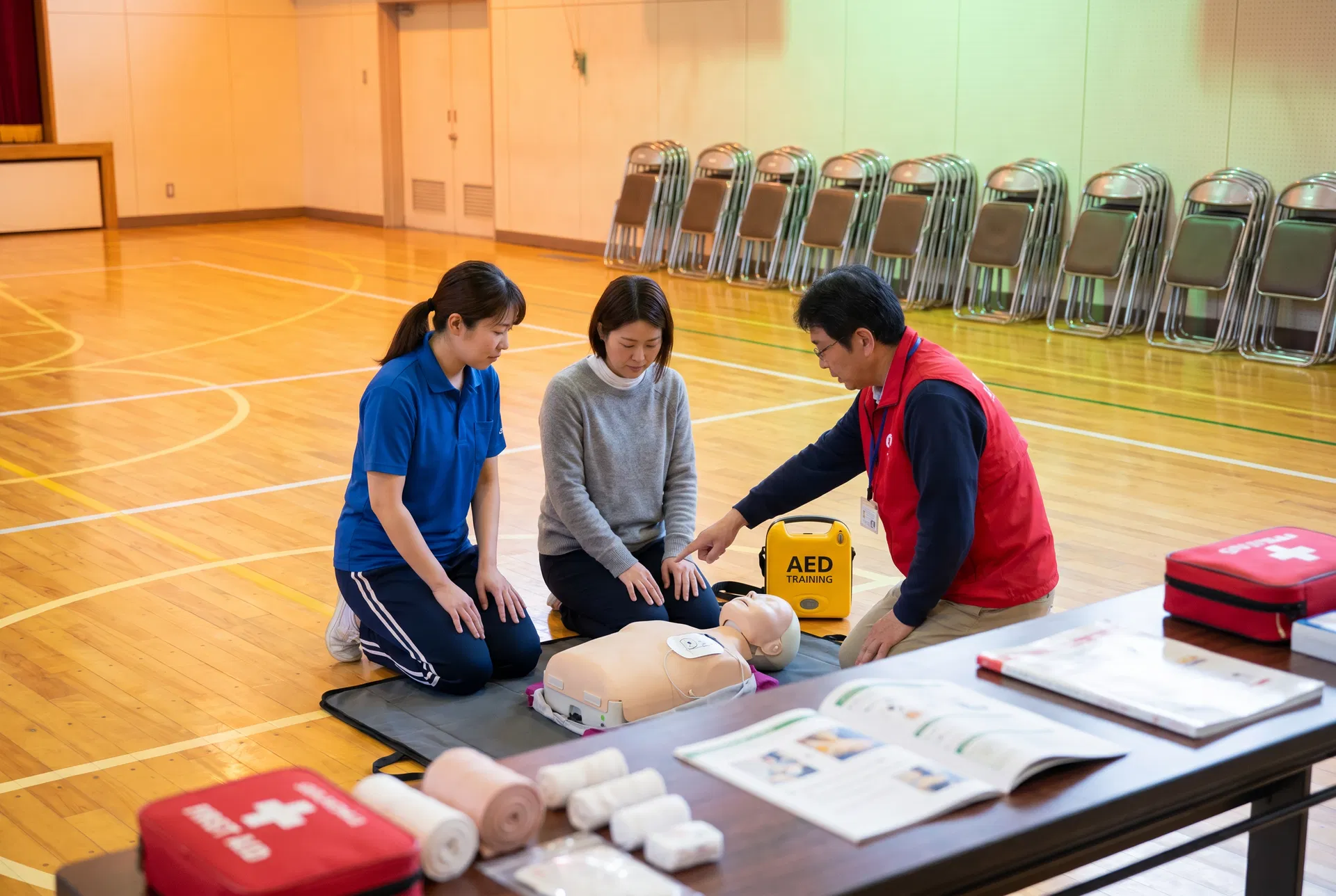 Teachers and daycare workers practicing AED use during a workplace first aid training session