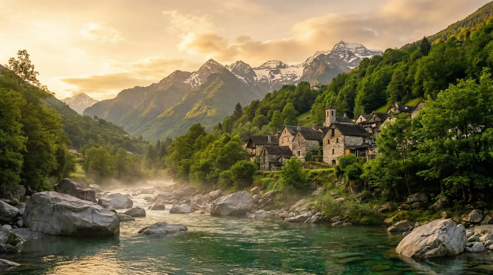 Maggiatal bei Sonnenaufgang – smaragdgrüner Fluss, Steinhäuser und Berge
