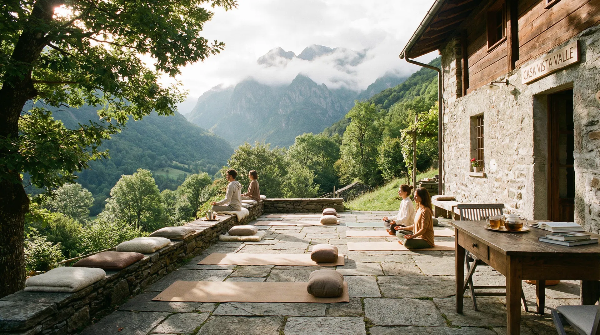 Retreat und Meditation auf der Terrasse mit Bergblick im Maggiatal