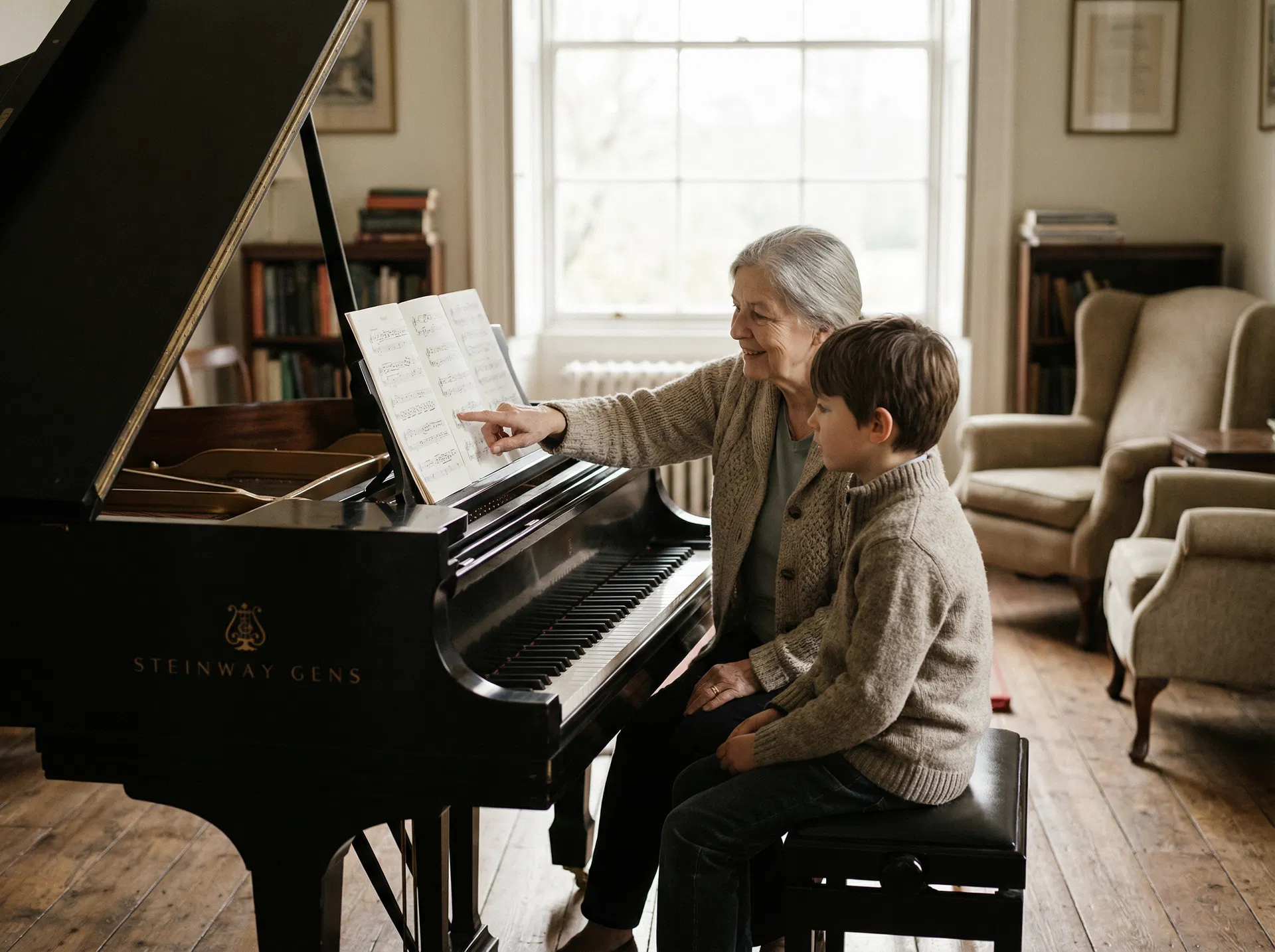 Piano lesson — teacher and student at the piano