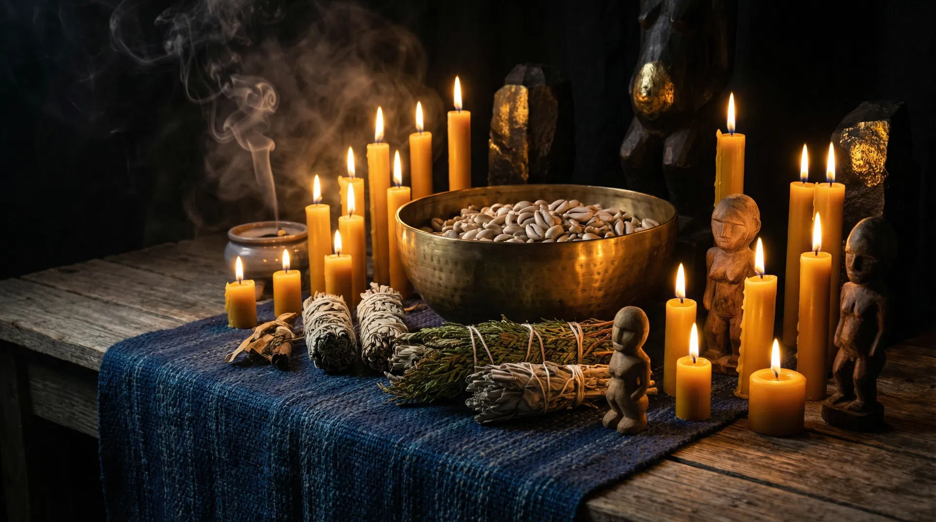 Autel traditionnel africain avec bougies et cauris