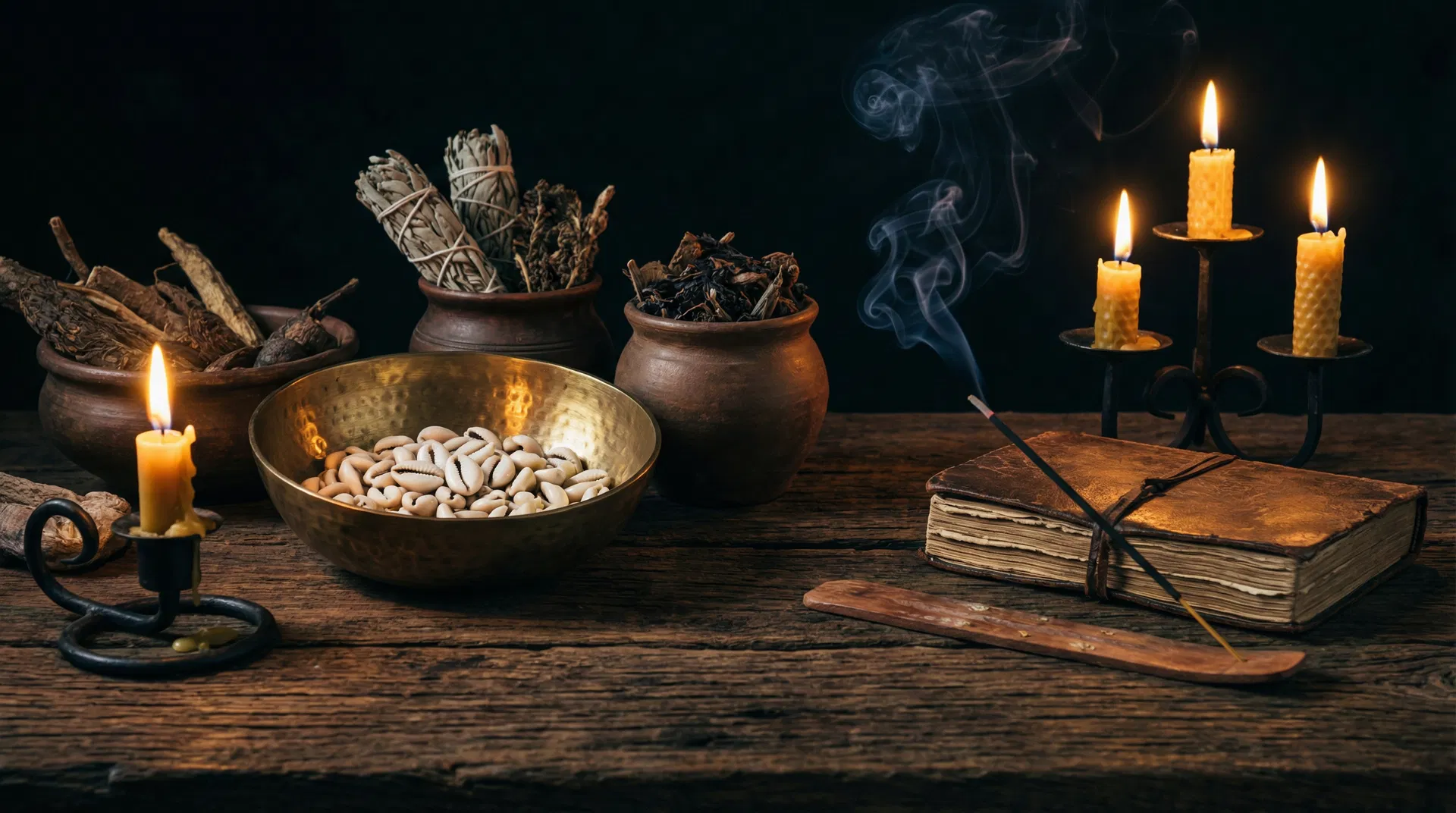 Outils traditionnels africains - cauris, bougies et herbes sacrées