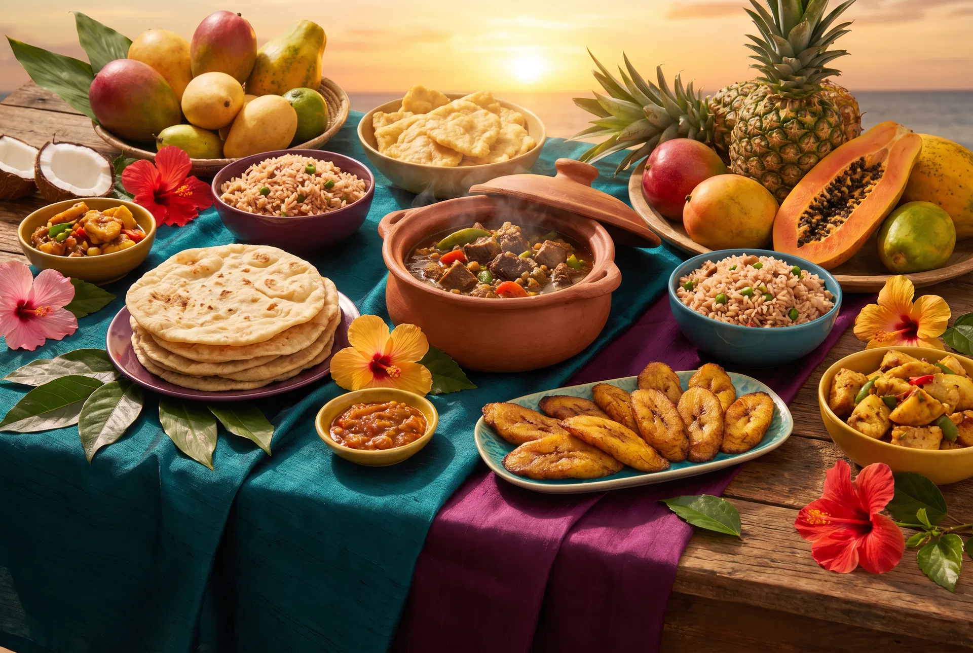 Vibrant Caribbean food spread