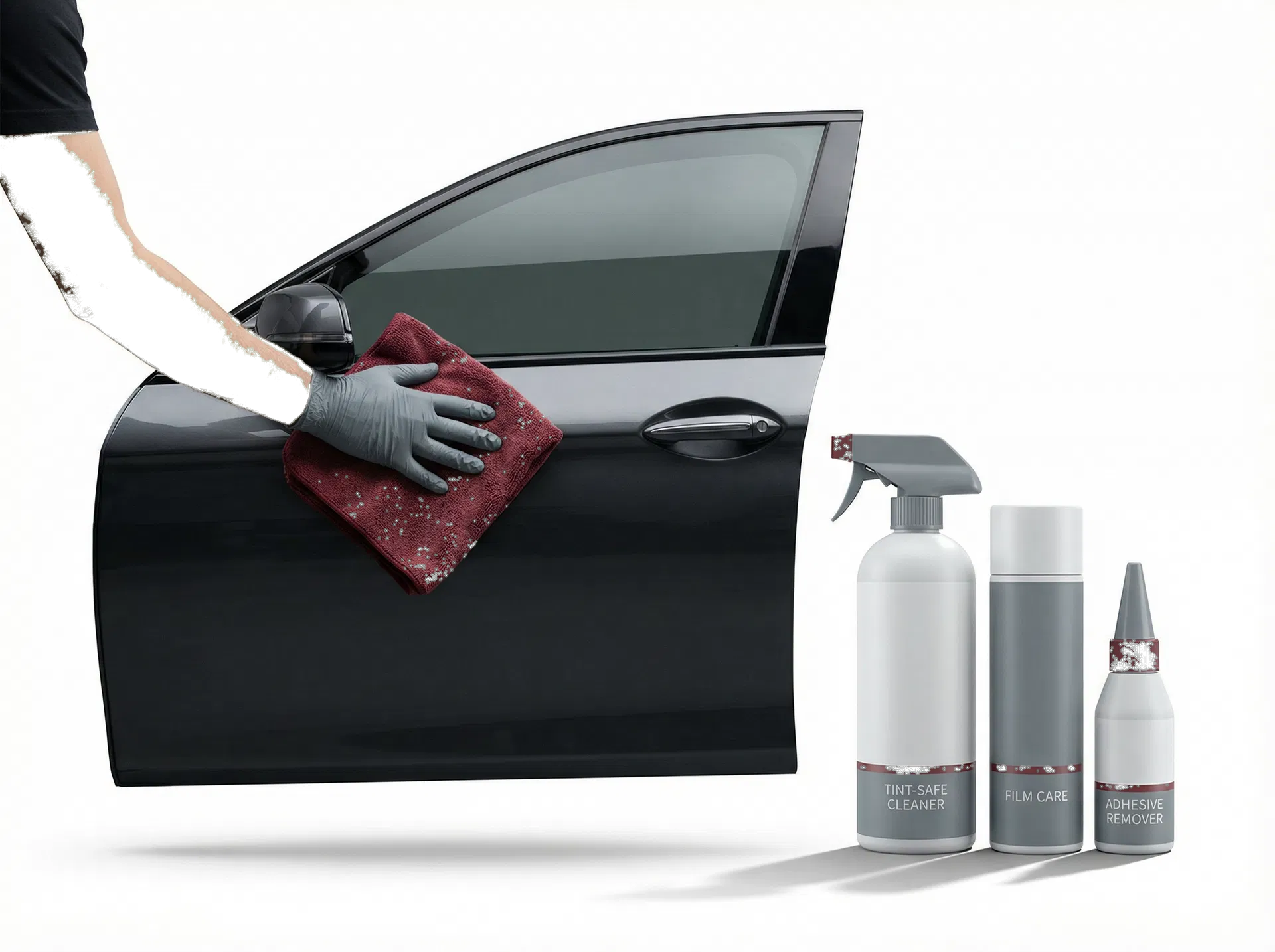 Cleaning and maintaining a wrapped vehicle panel and tinted window with aftercare products on a white studio set