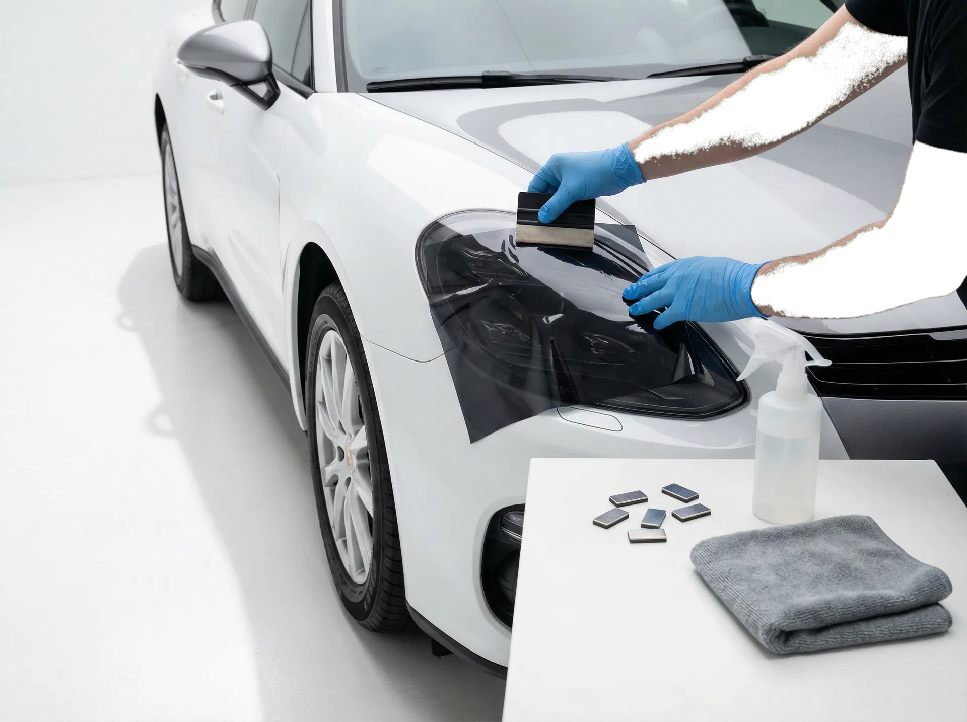 Applying tint film to a headlight with a squeegee in a bright detailing environment