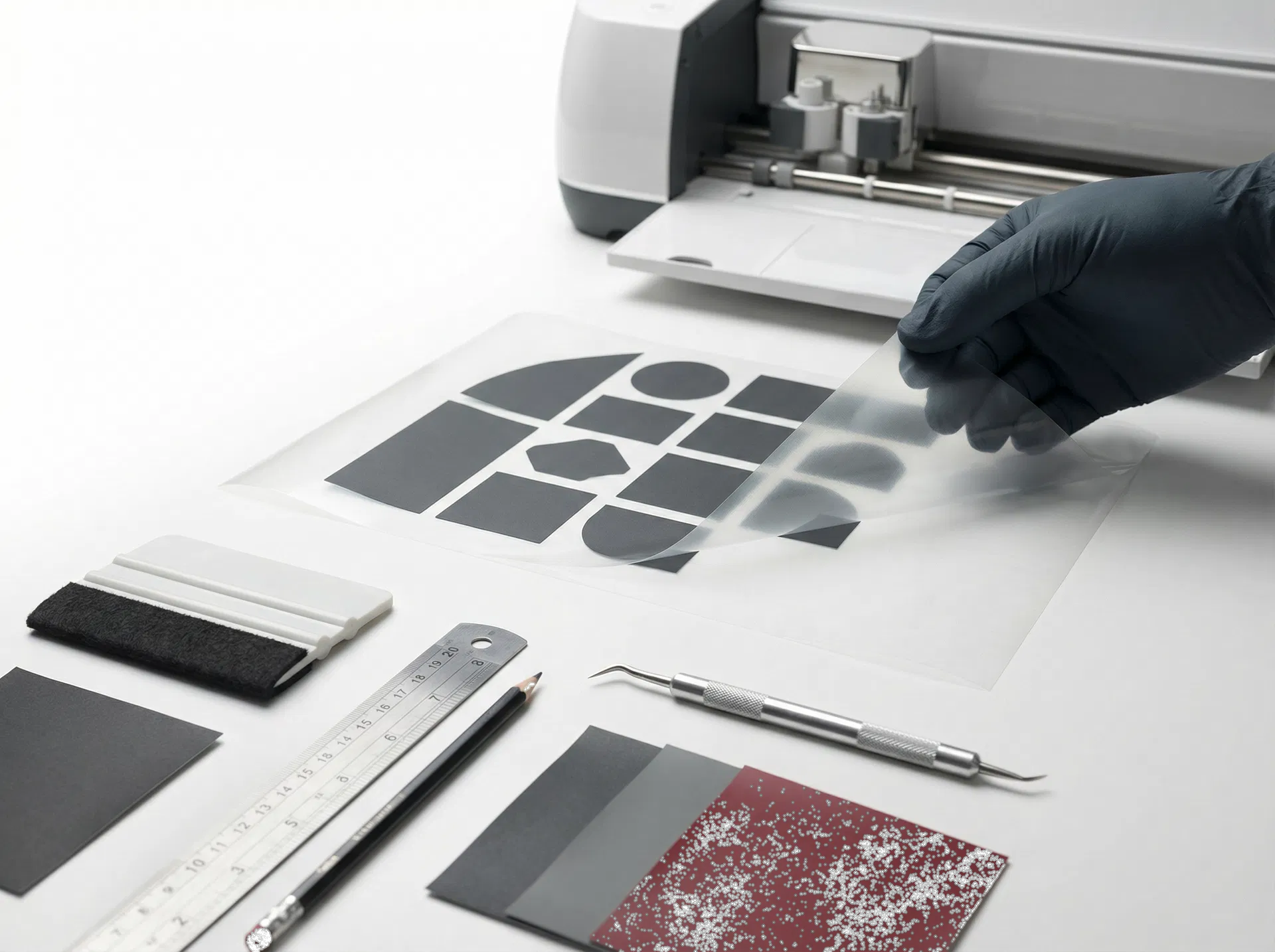 Sign and craft vinyl tools arranged on a white design table with transfer materials and vinyl swatches
