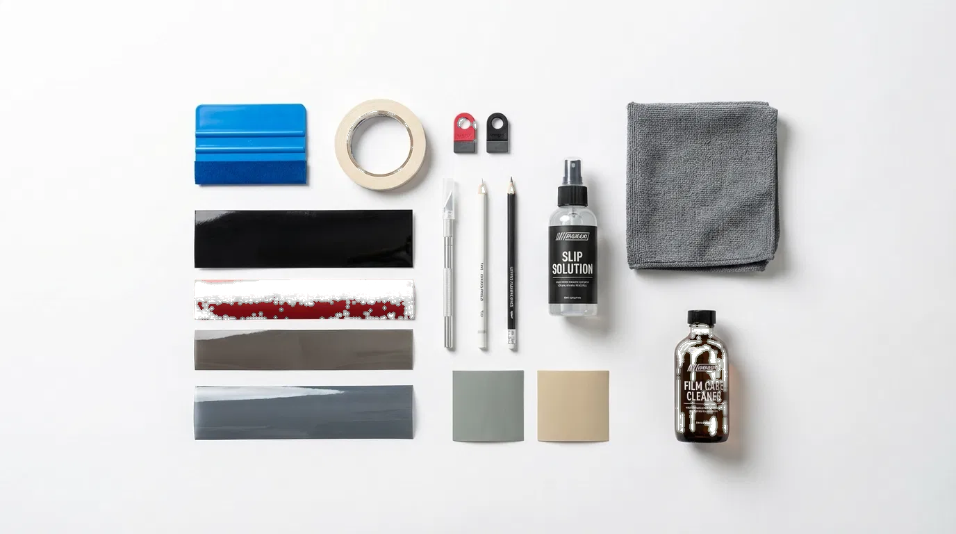 Vinyl installation tools, film samples, and aftercare products arranged on a clean white surface