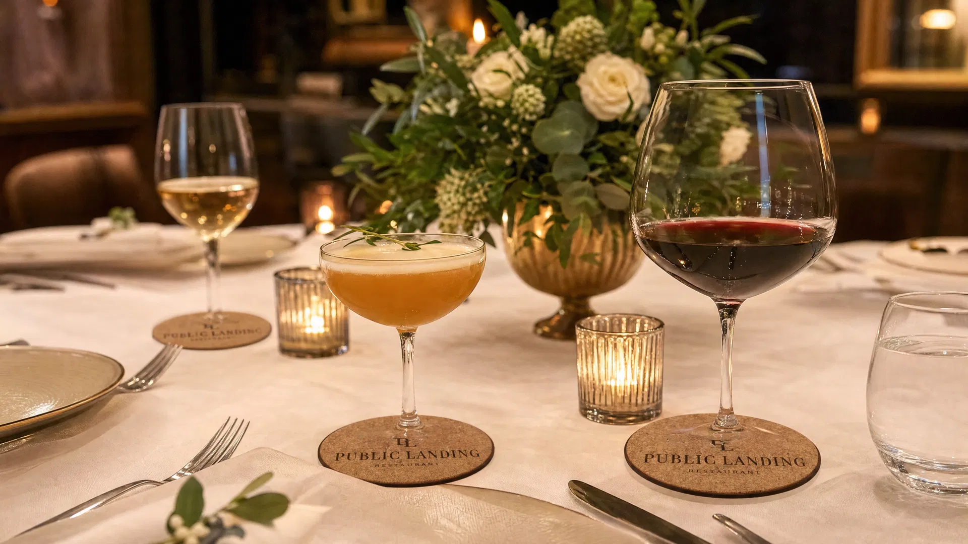 Premium branded cork coasters at elegant private dining event with wine and cocktails