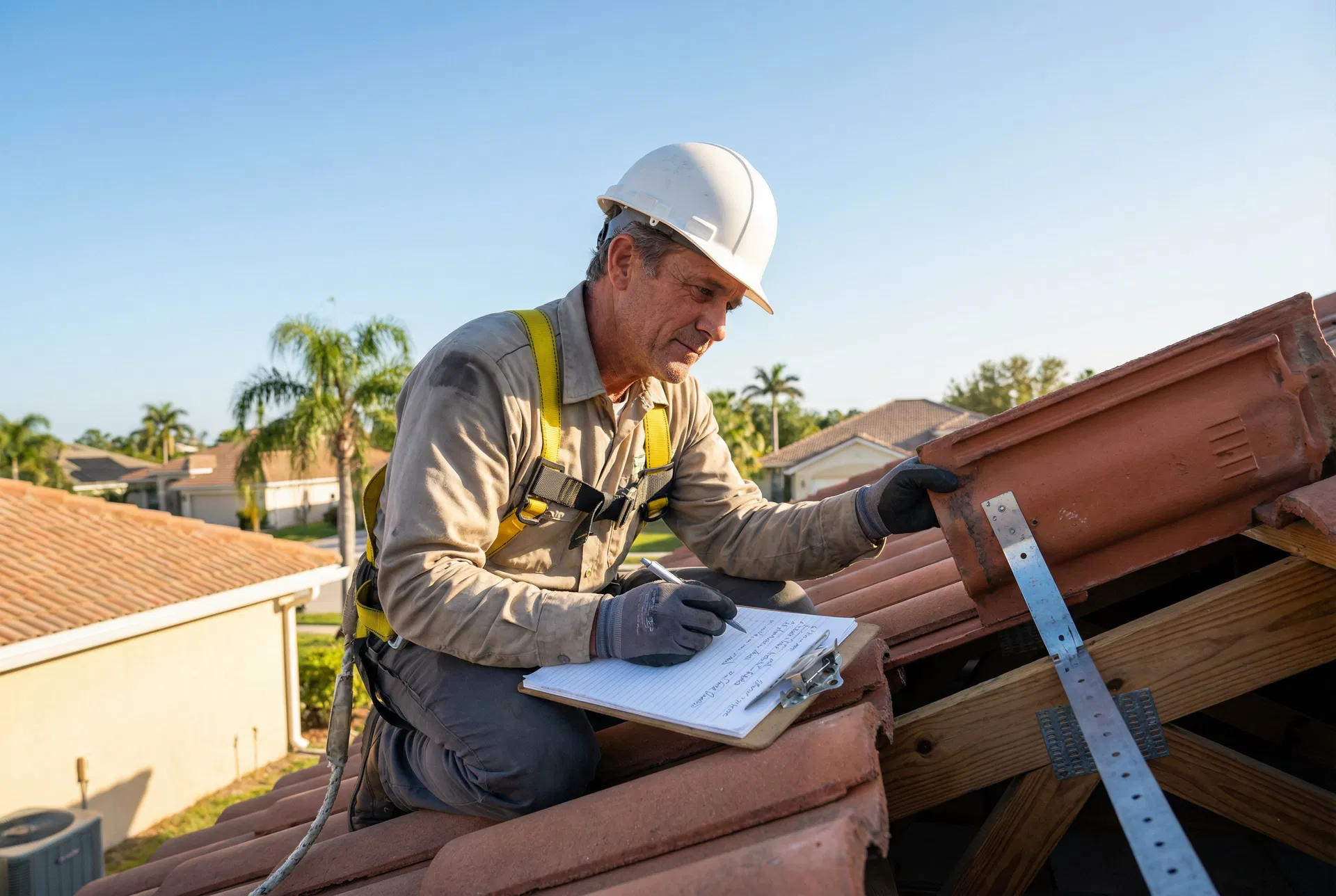 Licensed contractor inspecting a Florida home roof
