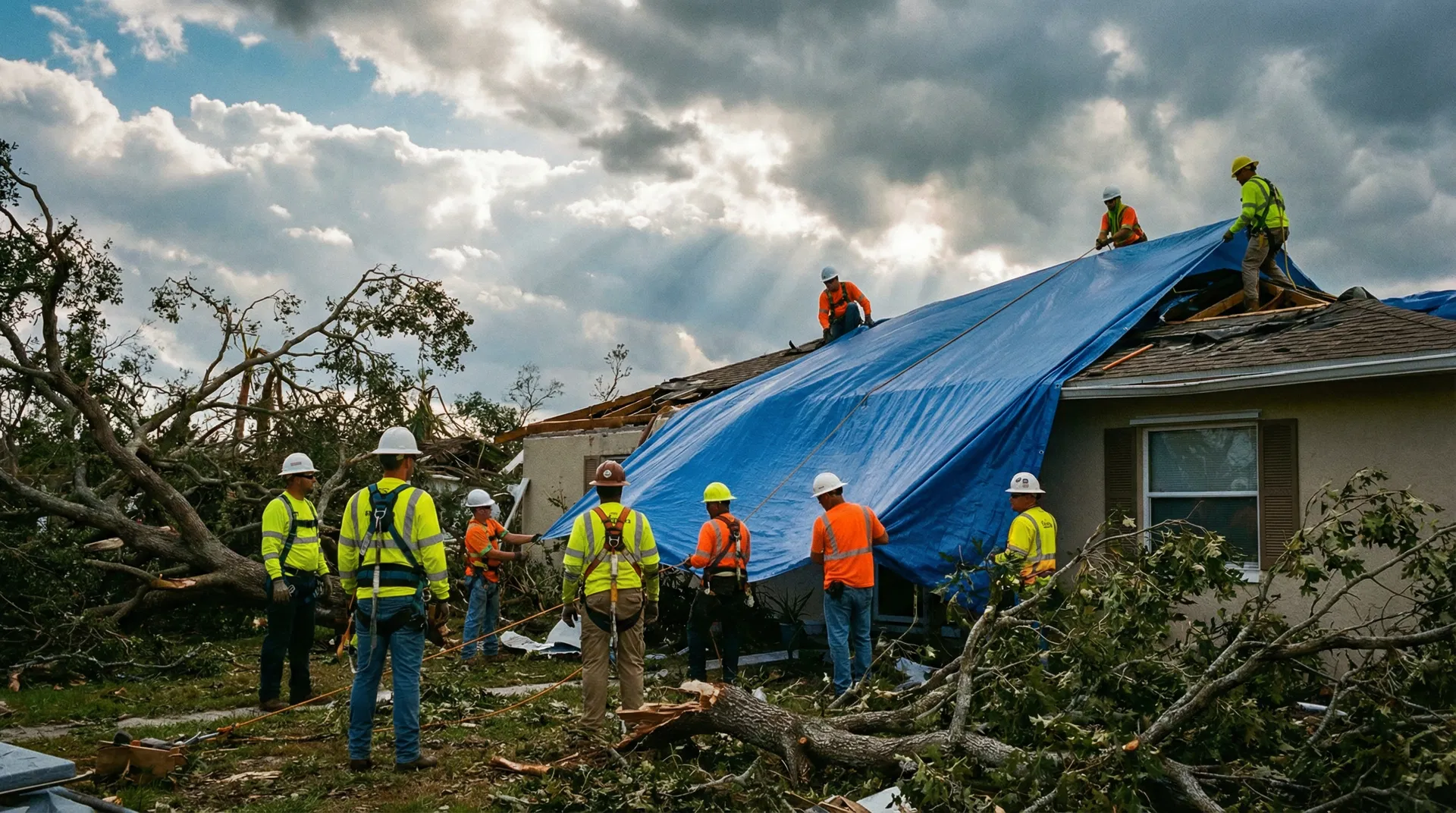 Emergency response crew working on storm-damaged home