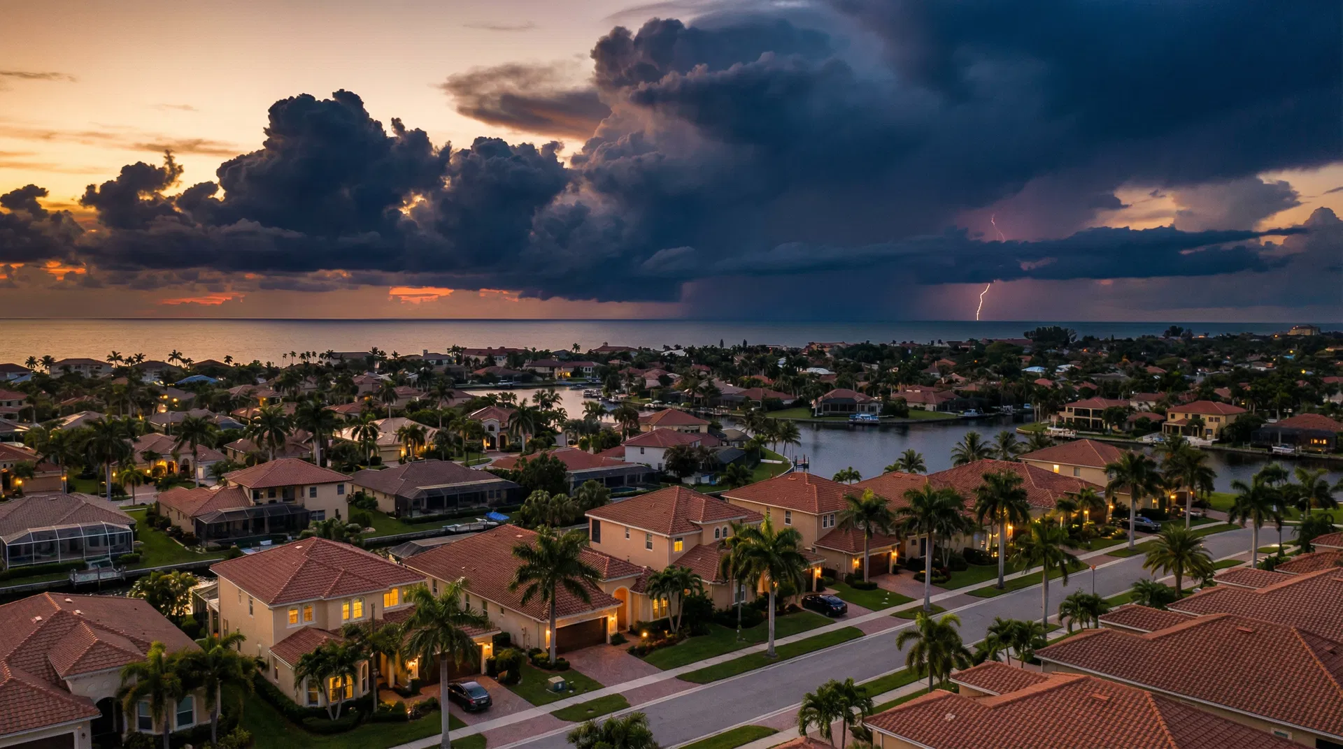 Florida coastal neighborhood with approaching storm