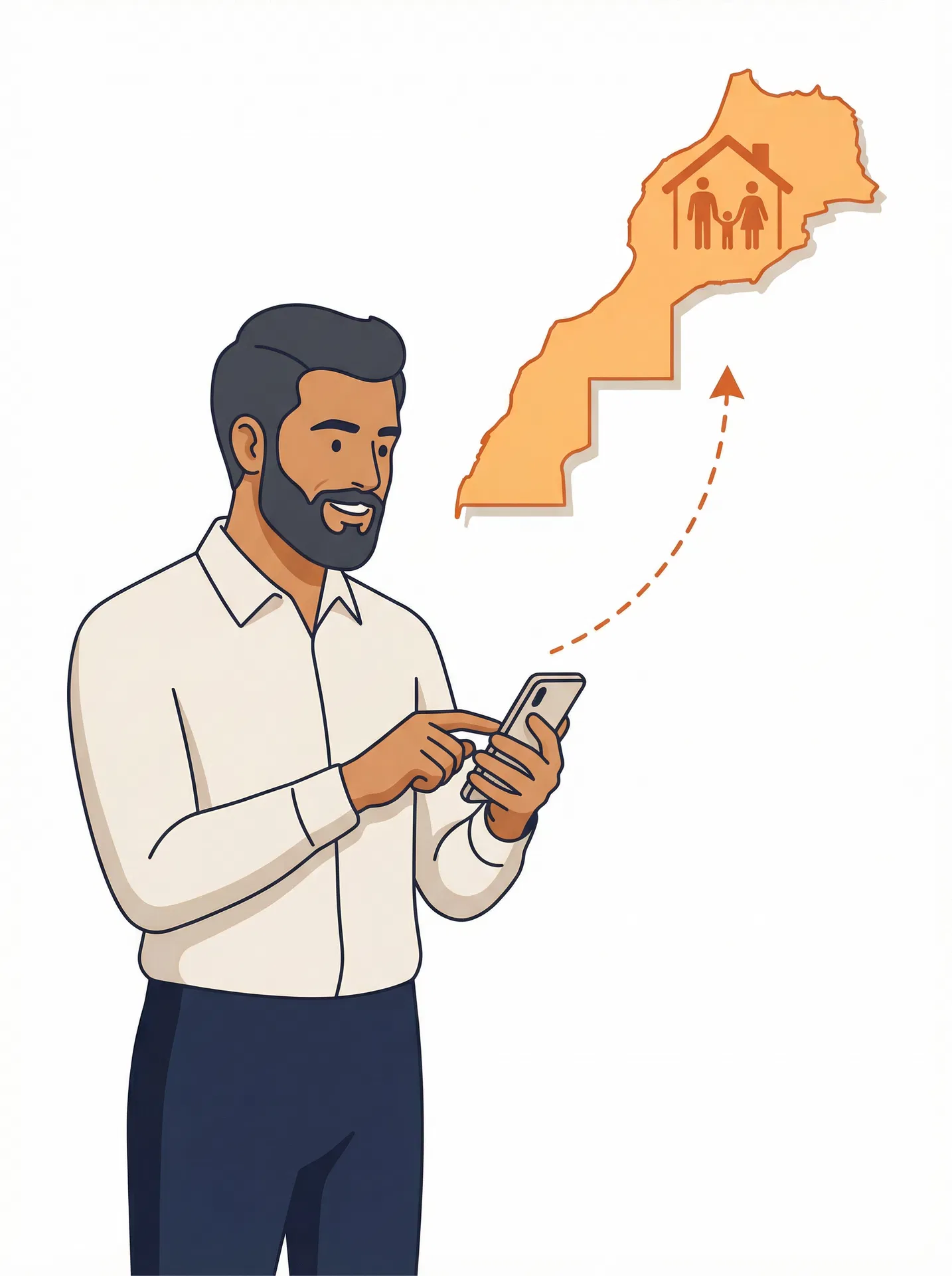 Illustratie: persoon met telefoon en Marokko kaart