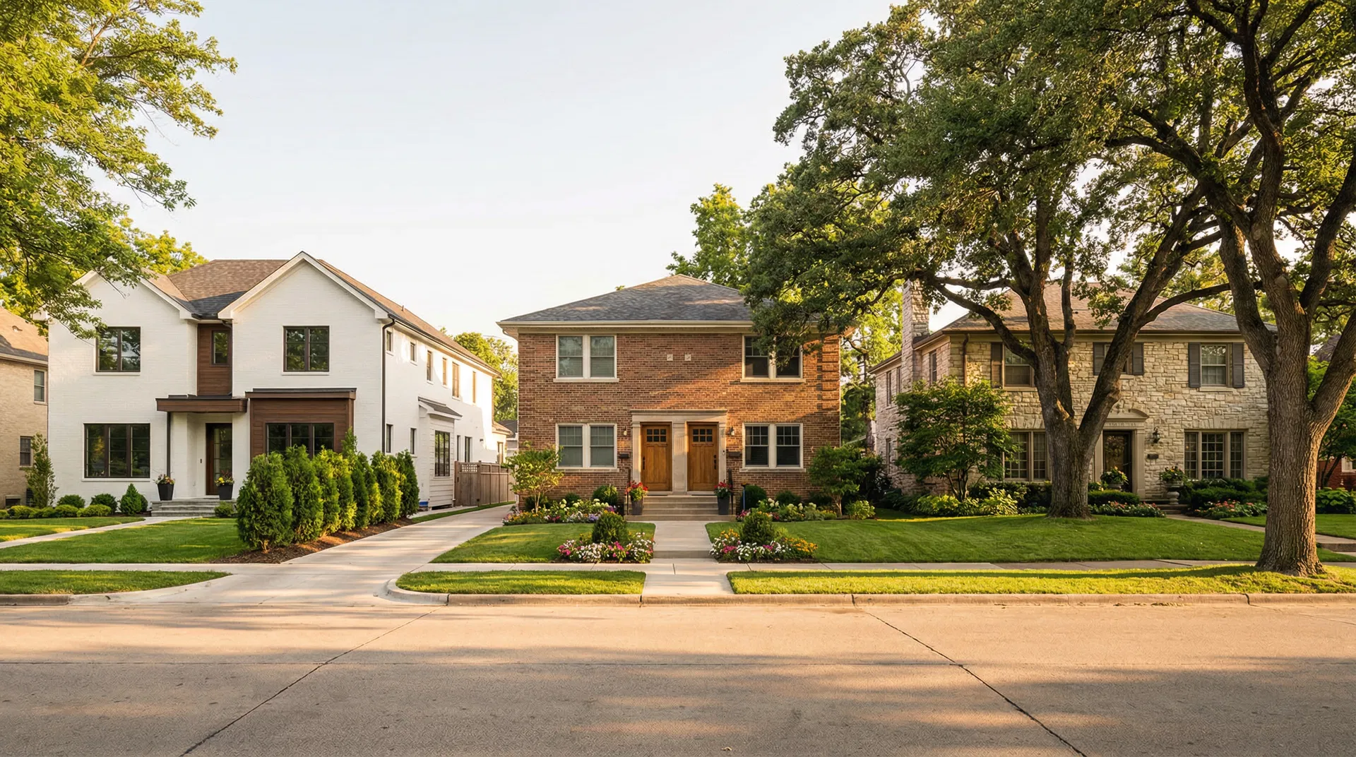 Three different residential investment properties side by side on a suburban street