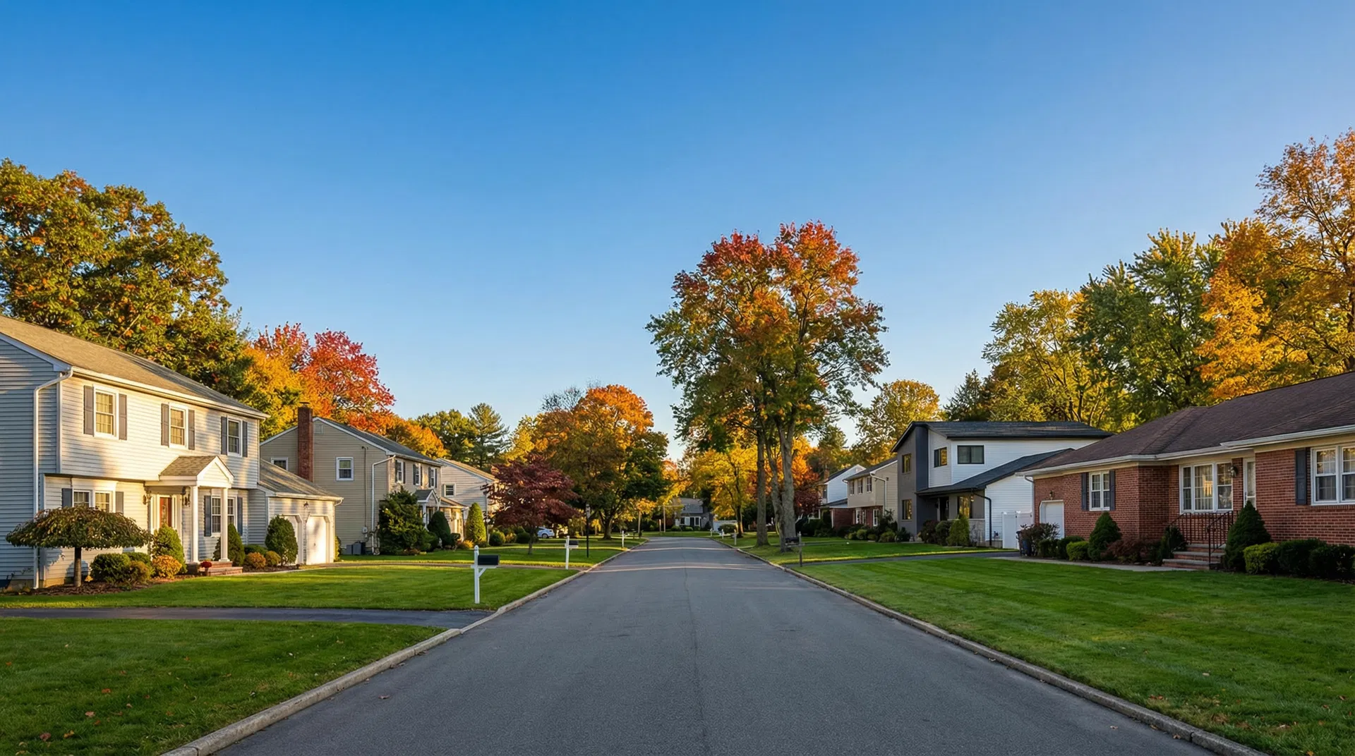 Tree-lined residential street in Monsey, NY with family homes and autumn foliage